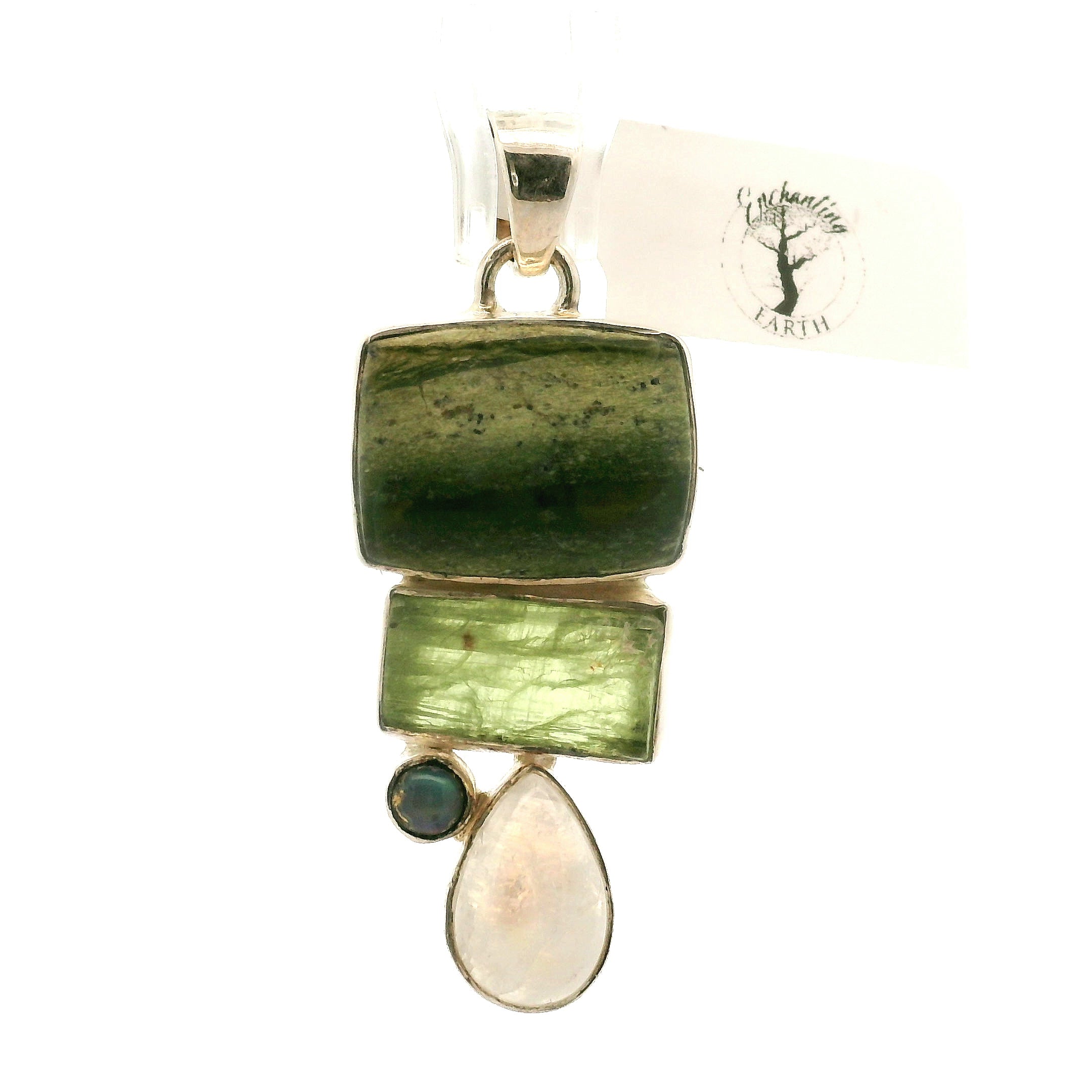Green Opal, Black Opal, Green Kyanite and Moonstone Pendant .925 Silver for Encouraging Surrender to the Divine Will