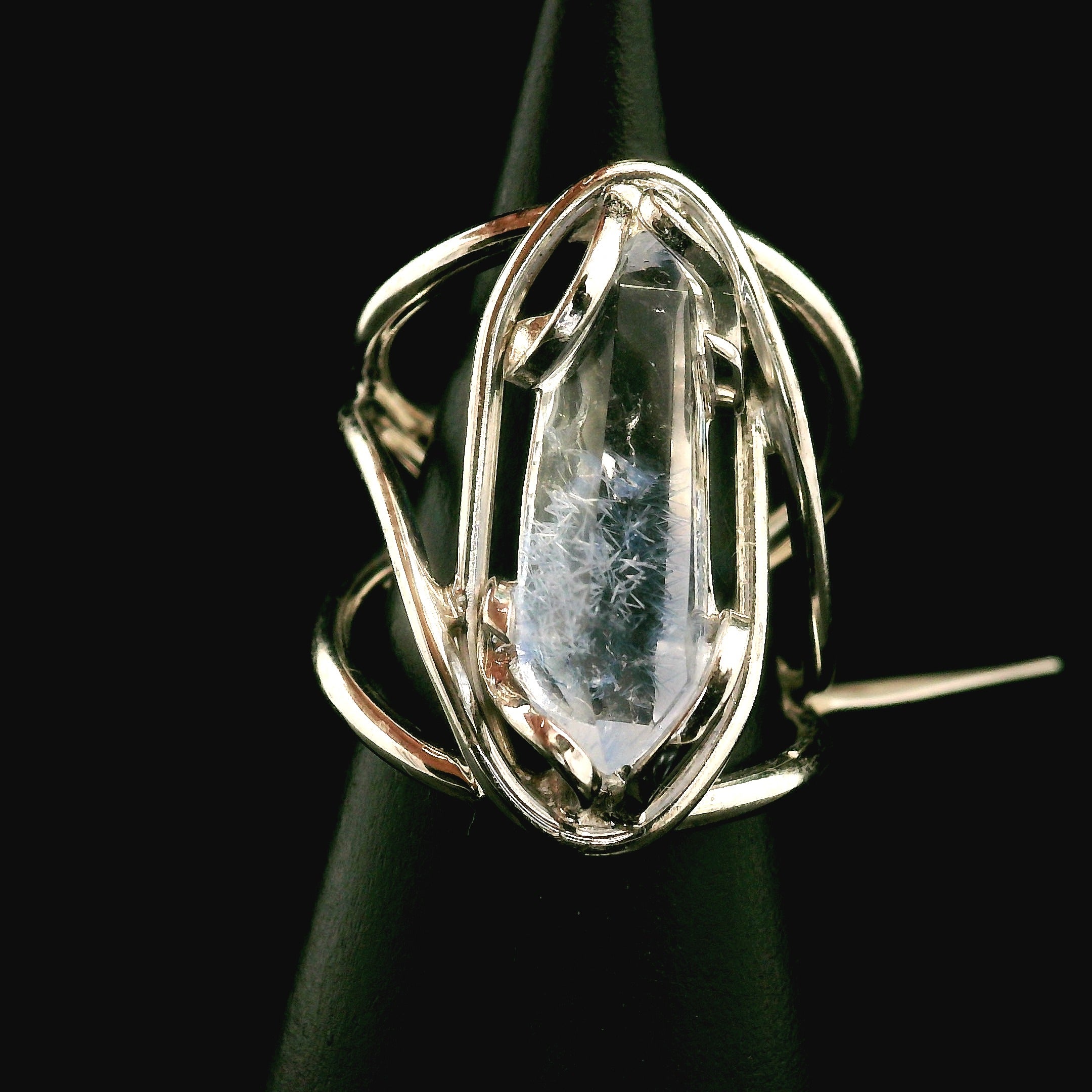 Dumortierite in Quartz Cuff Ring .925 Silver for Hope, Improving Memory and New Ideas