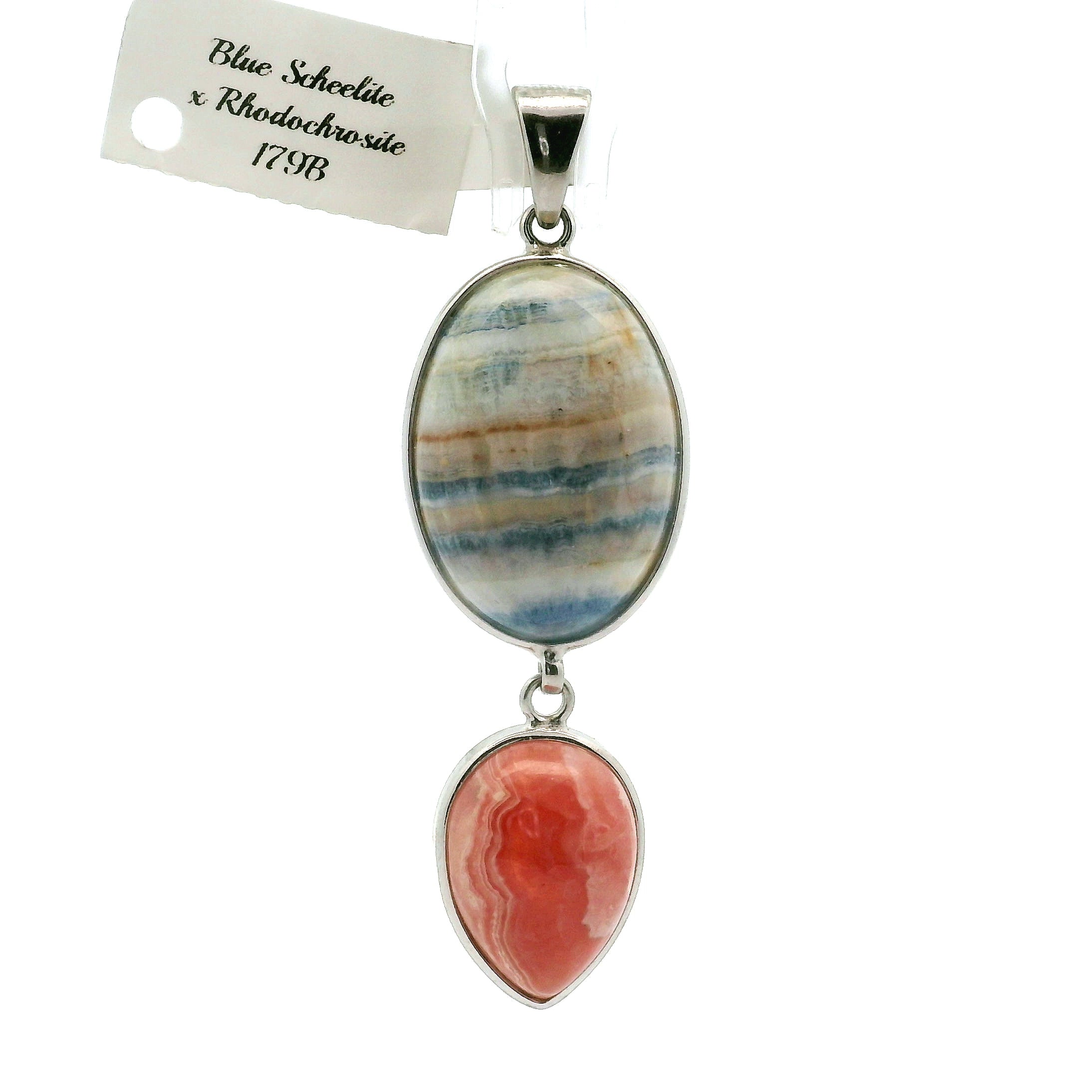Blue Scheelite and Rhodochrosite Pendant .925 Silver for Peace of Mind, Sleep and Trauma Healing