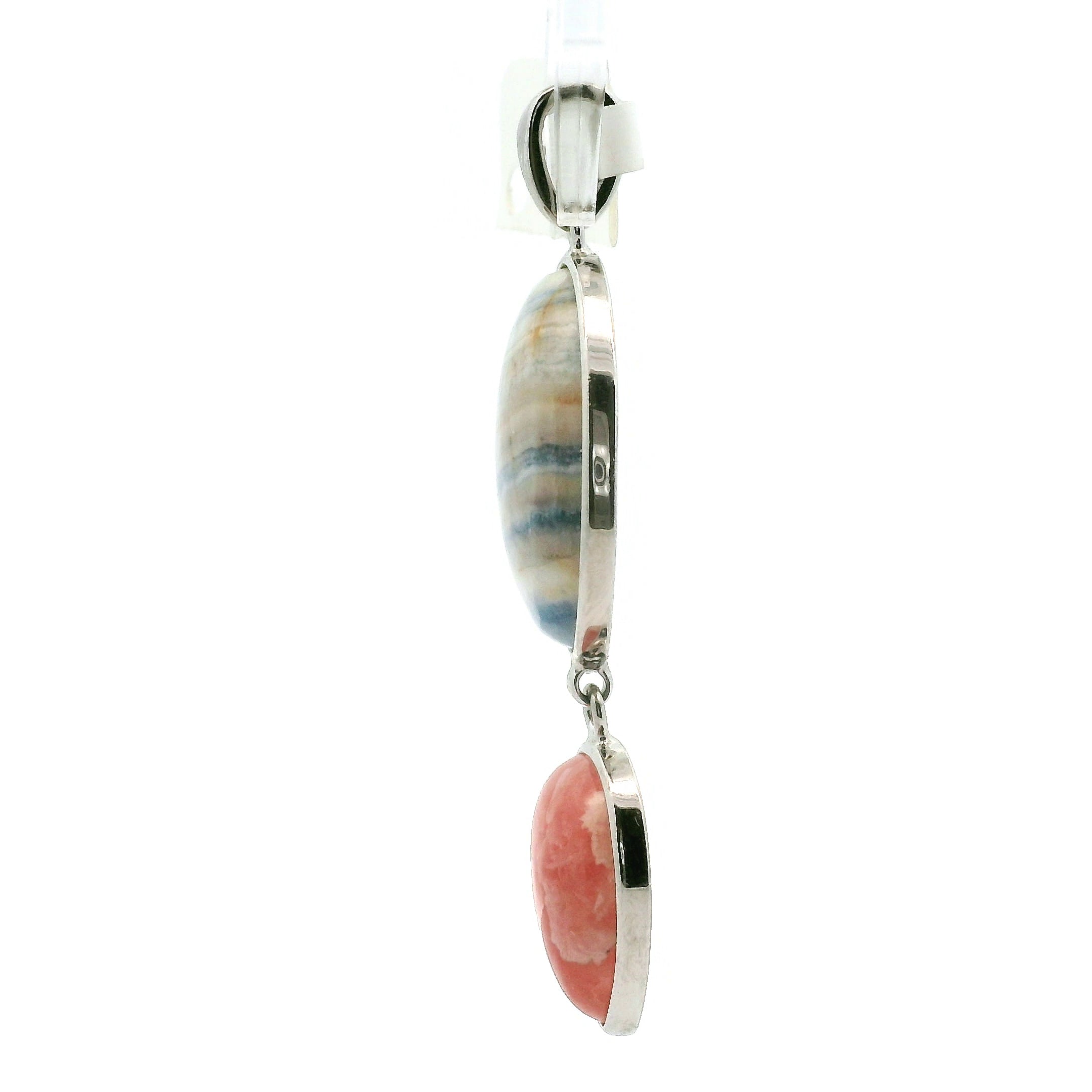 Blue Scheelite and Rhodochrosite Pendant .925 Silver for Peace of Mind, Sleep and Trauma Healing