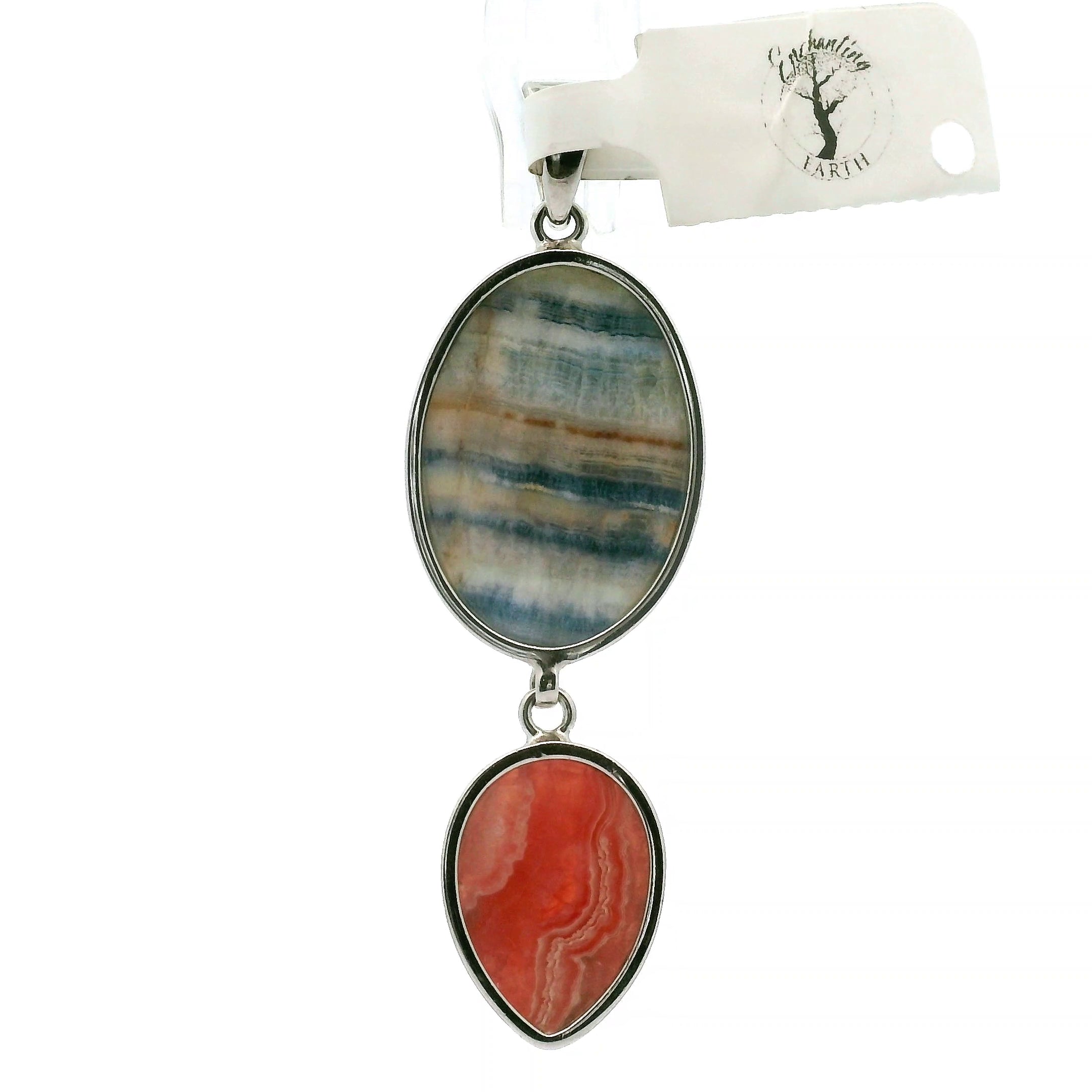 Blue Scheelite and Rhodochrosite Pendant .925 Silver for Peace of Mind, Sleep and Trauma Healing