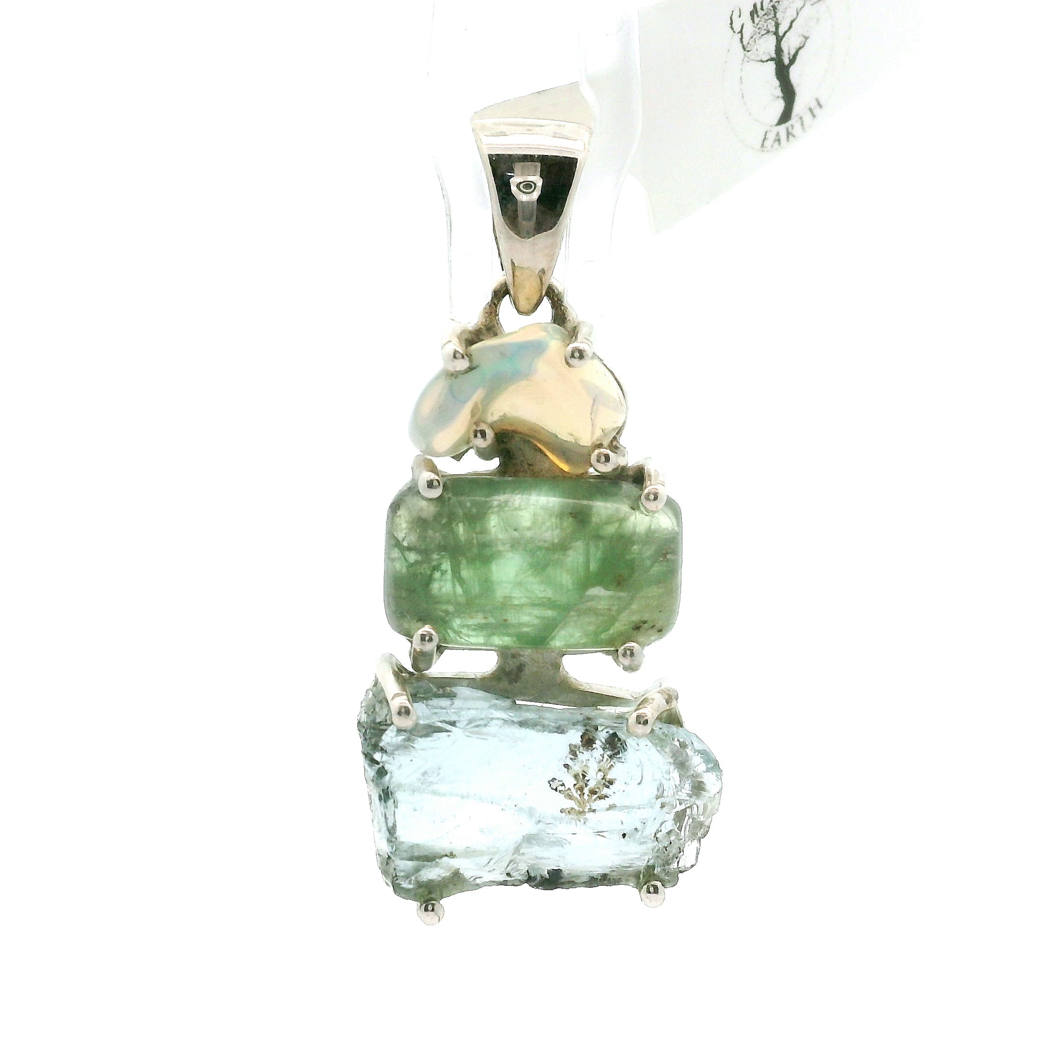 Opal, Green Kyanite and Aquamarine Pendant .925 Silver for Encouraging Surrender to the Divine Will