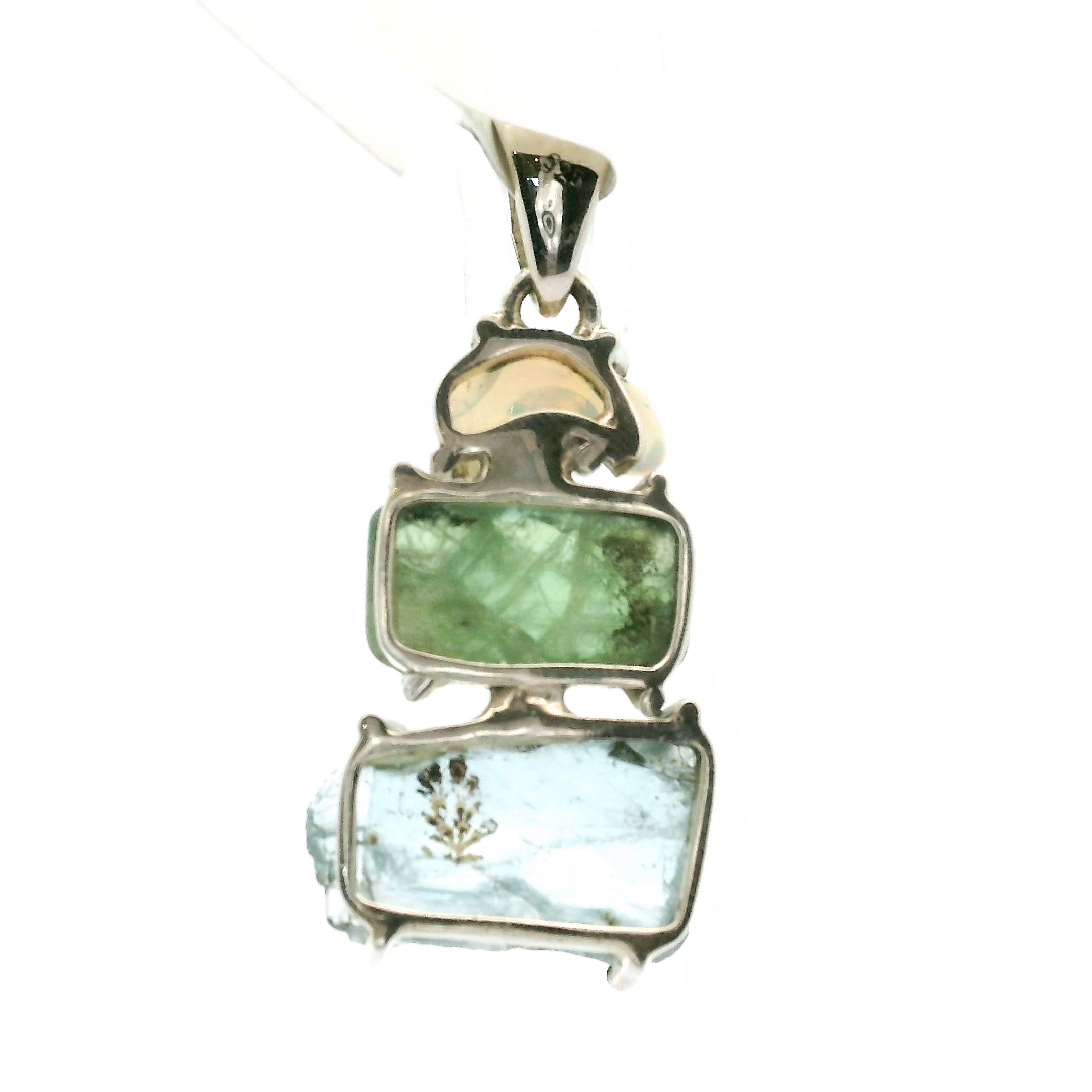 Opal, Green Kyanite and Aquamarine Pendant .925 Silver for Encouraging Surrender to the Divine Will