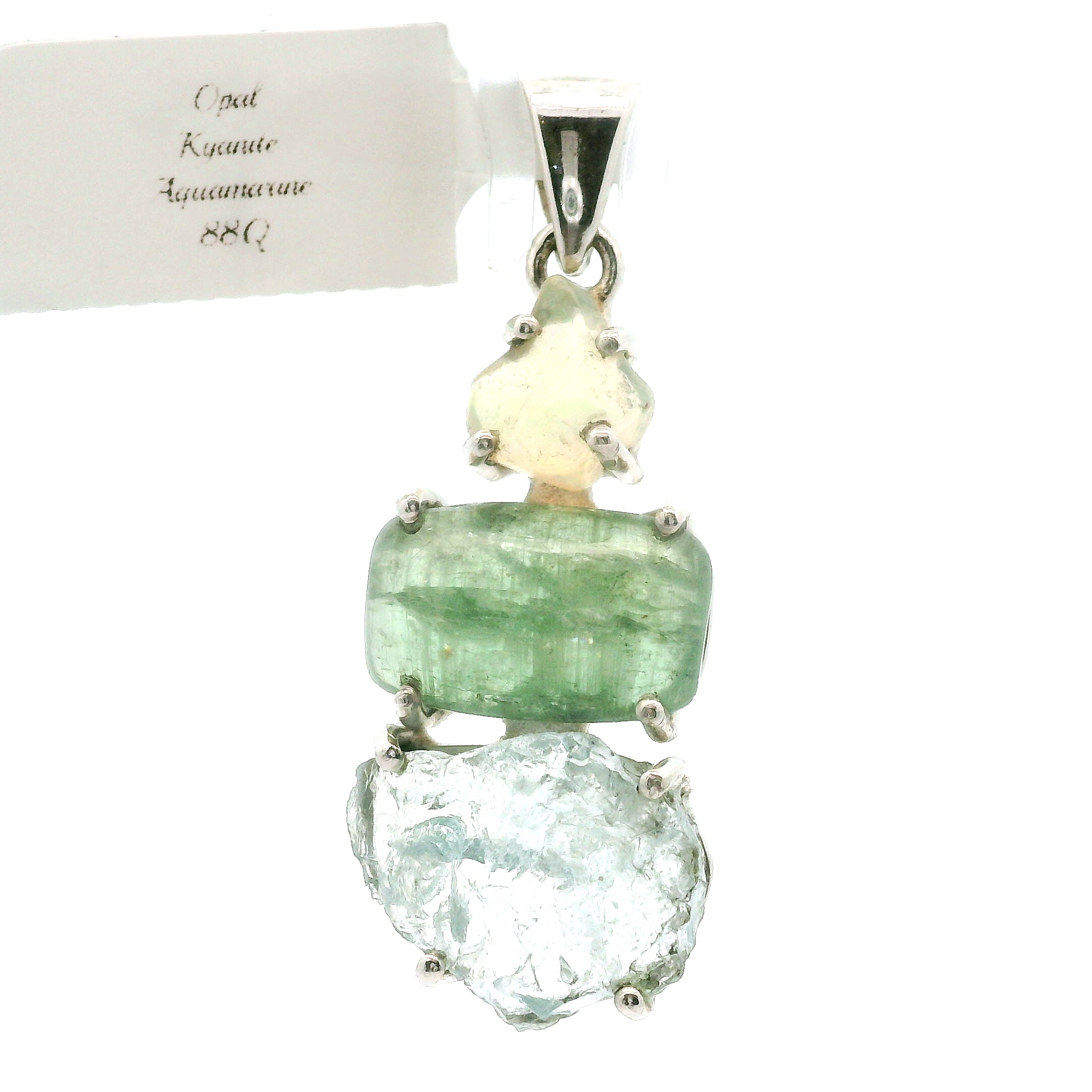 Opal, Green Kyanite and Aquamarine Pendant .925 Silver for Encouraging Surrender to the Divine Will