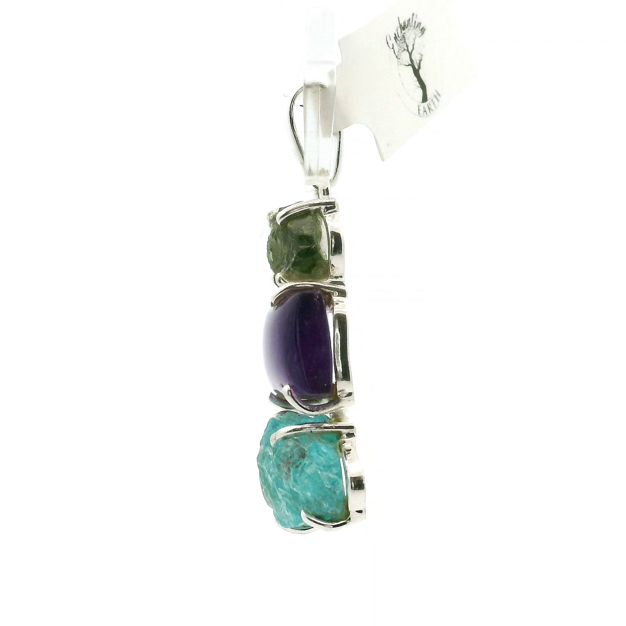 Blue Apatite, Amethyst and Moldavite Pendant .925 Silver for Overall Health and Wellness