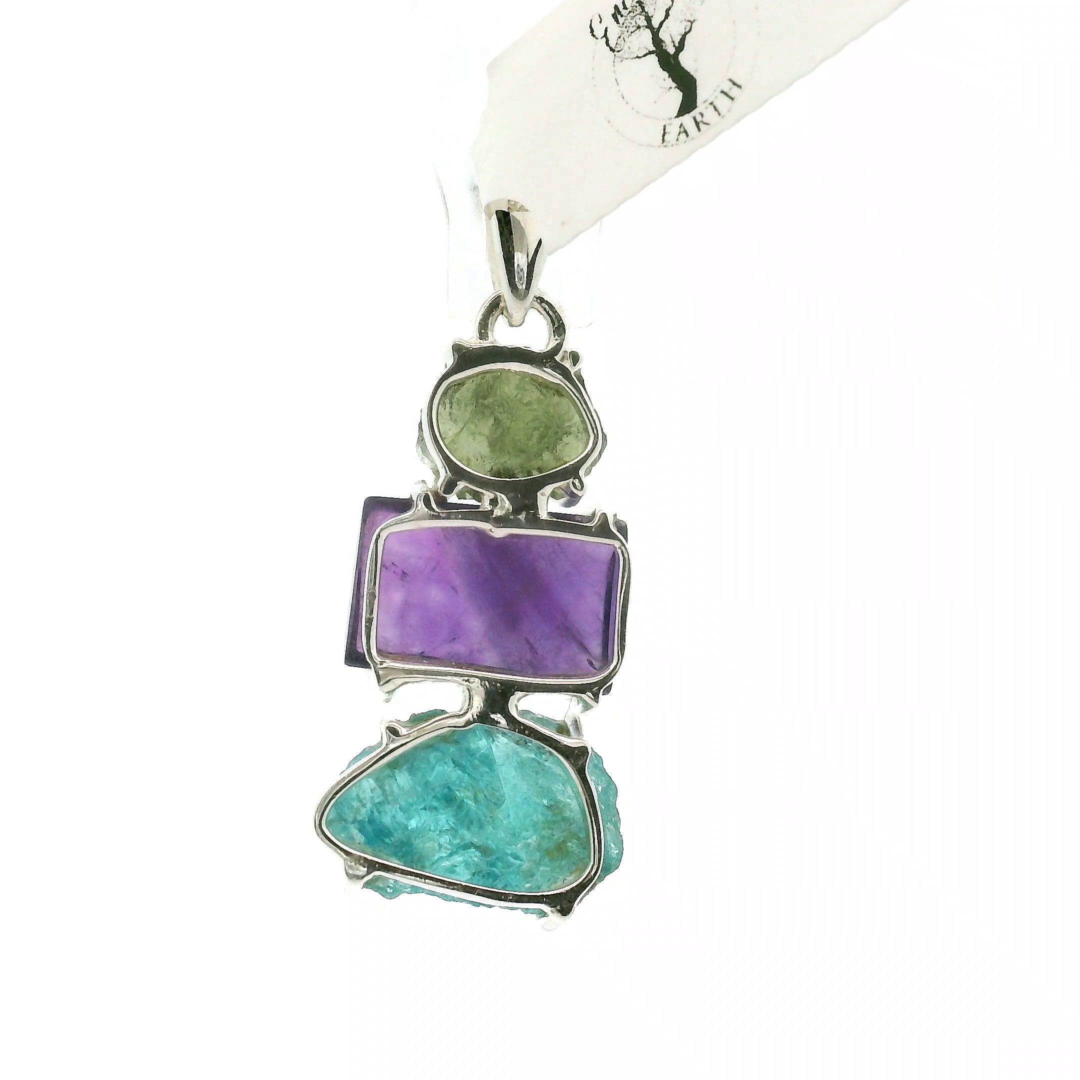 Blue Apatite, Amethyst and Moldavite Pendant .925 Silver for Overall Health and Wellness