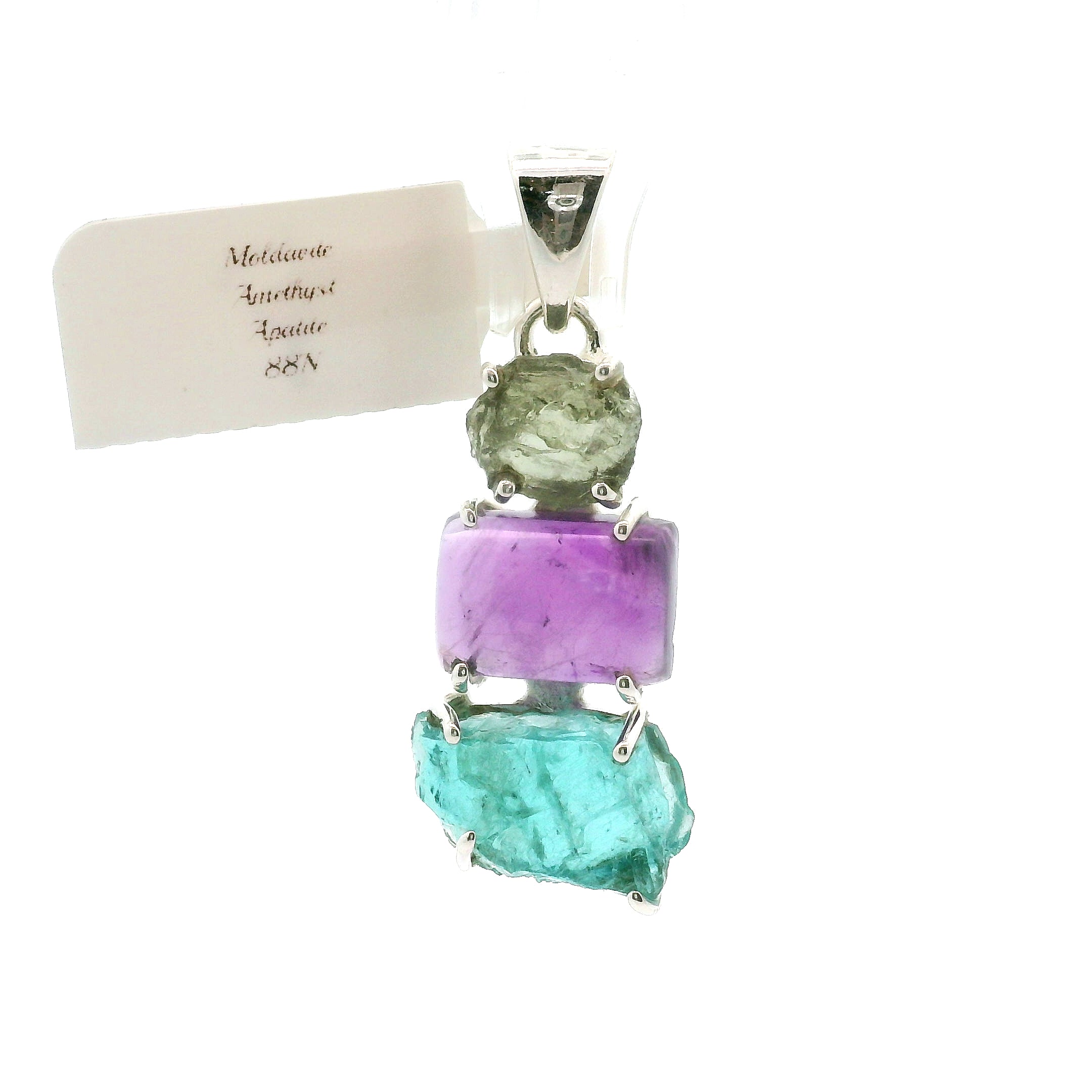 Blue Apatite, Amethyst and Moldavite Pendant .925 Silver for Overall Health and Wellness