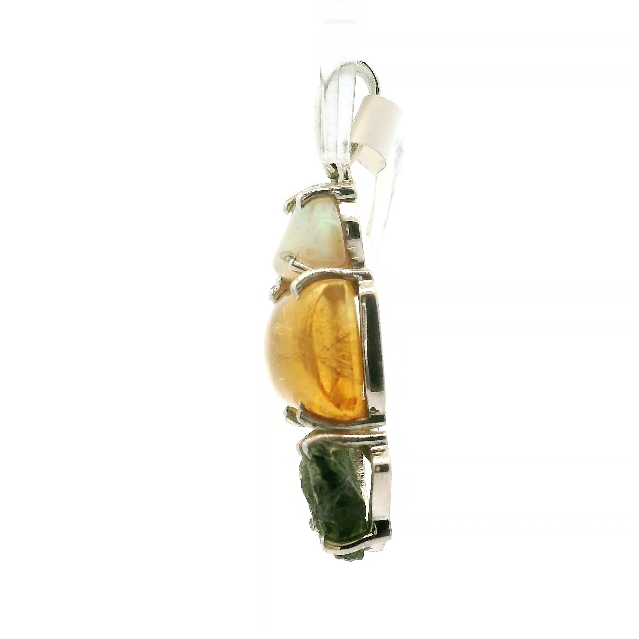 White Opal, Citrine and Moldavite Pendant .925 Silver for Overall Health and Wellness