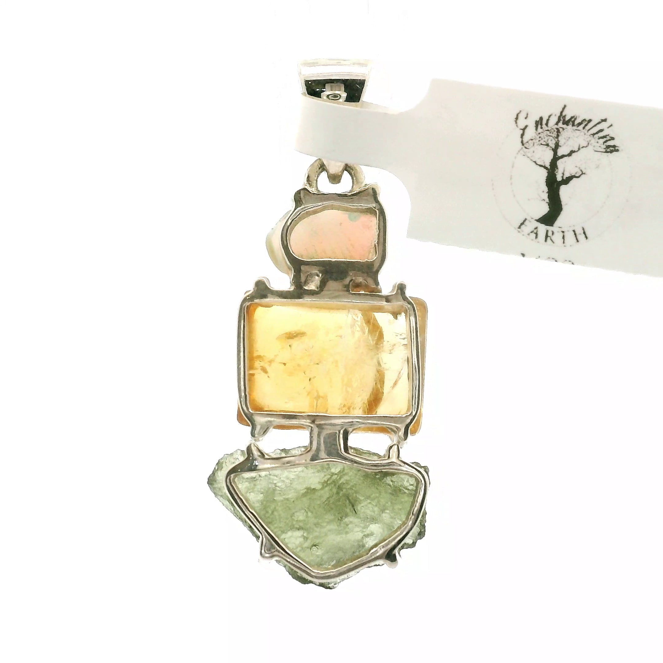 White Opal, Citrine and Moldavite Pendant .925 Silver for Overall Health and Wellness