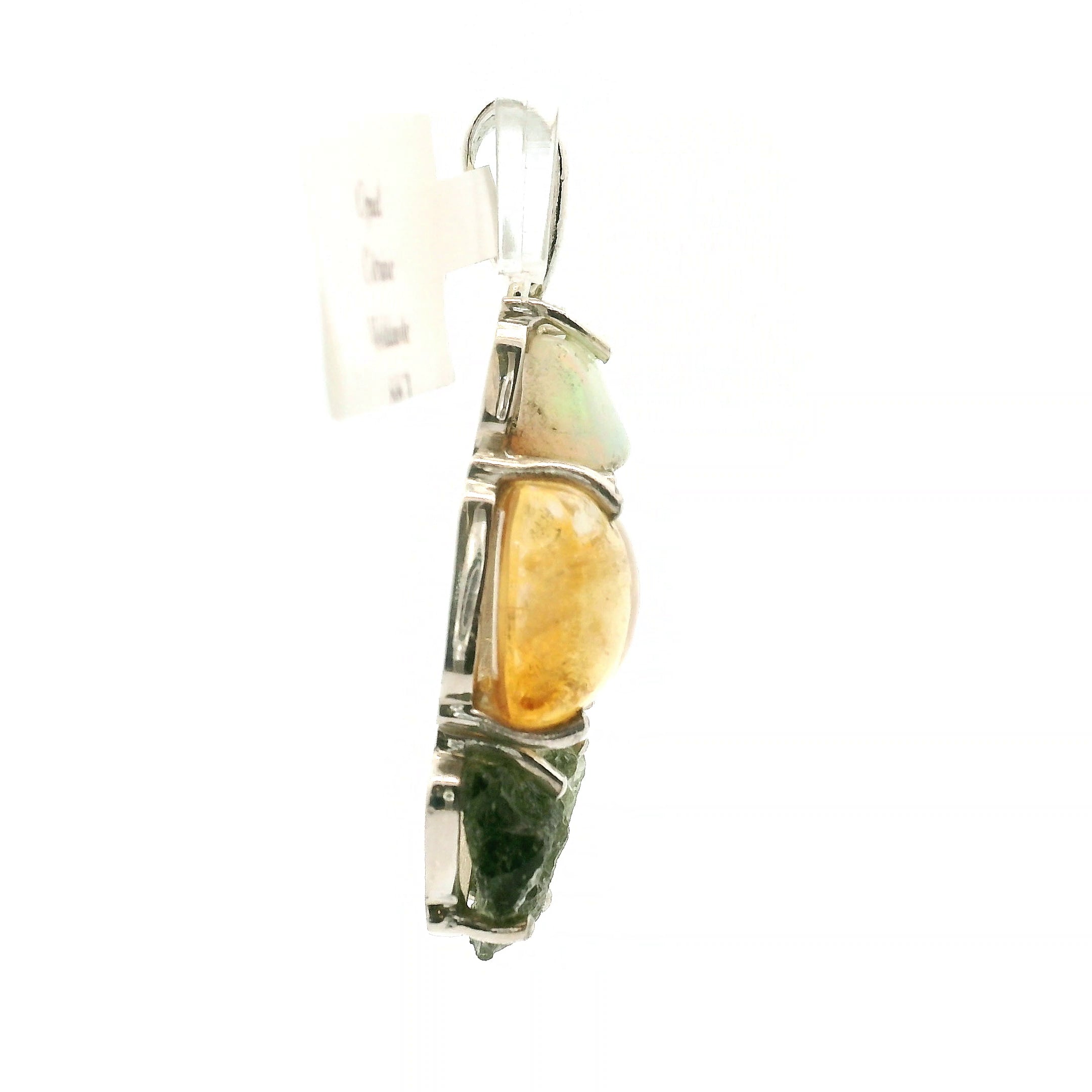 White Opal, Citrine and Moldavite Pendant .925 Silver for Overall Health and Wellness