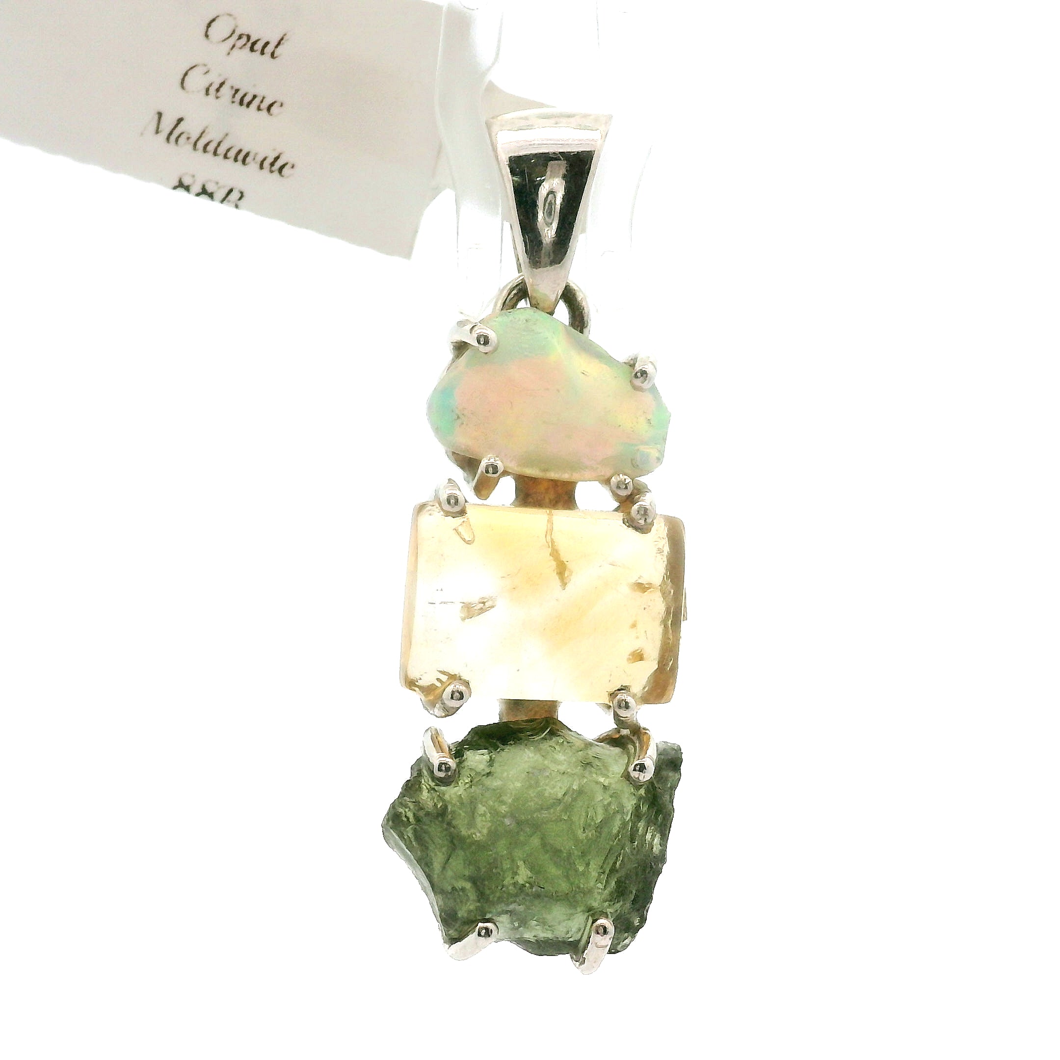 White Opal, Citrine and Moldavite Pendant .925 Silver for Overall Health and Wellness