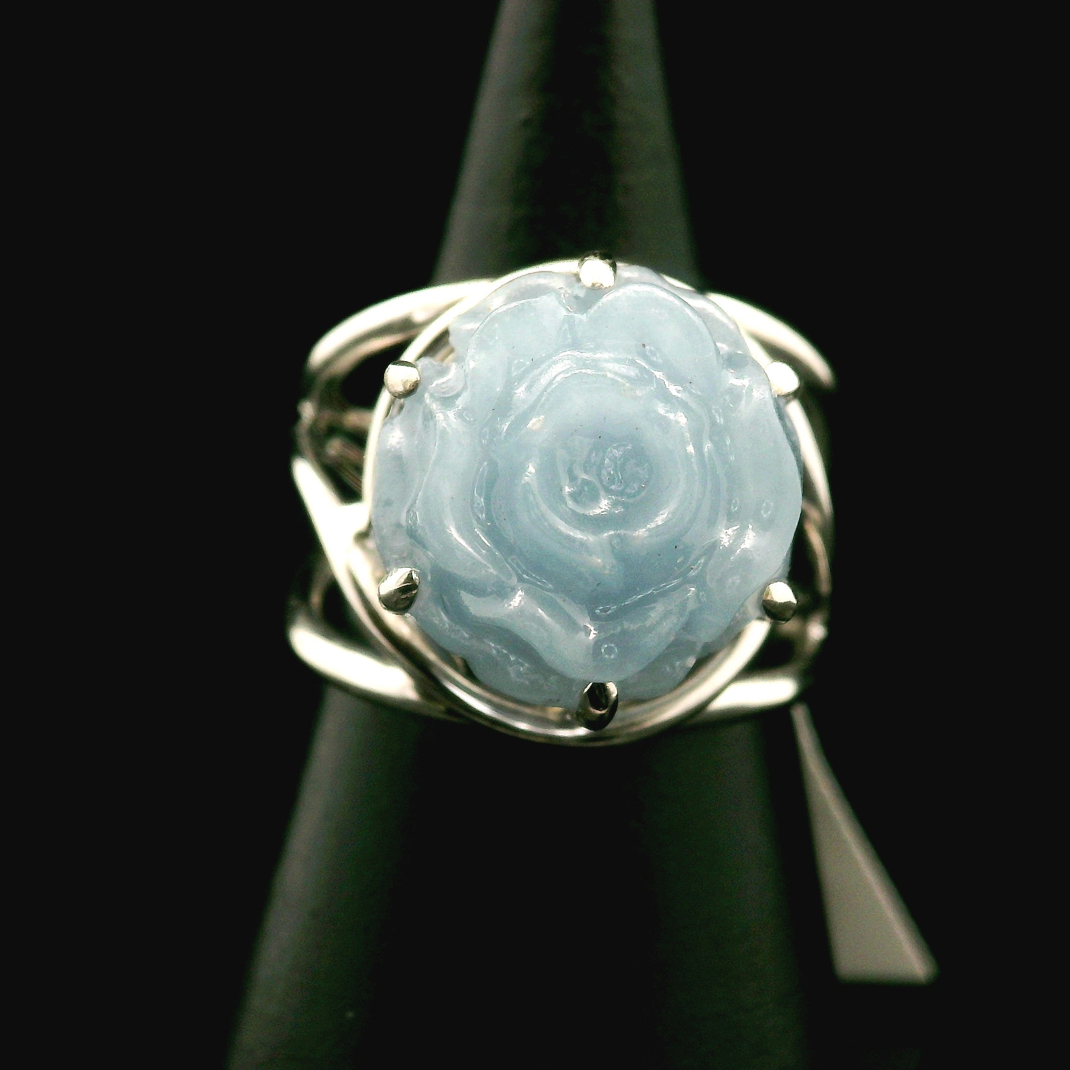 Angelite Flower Cuff Ring .925 Silver for Communication and Connection with Angels