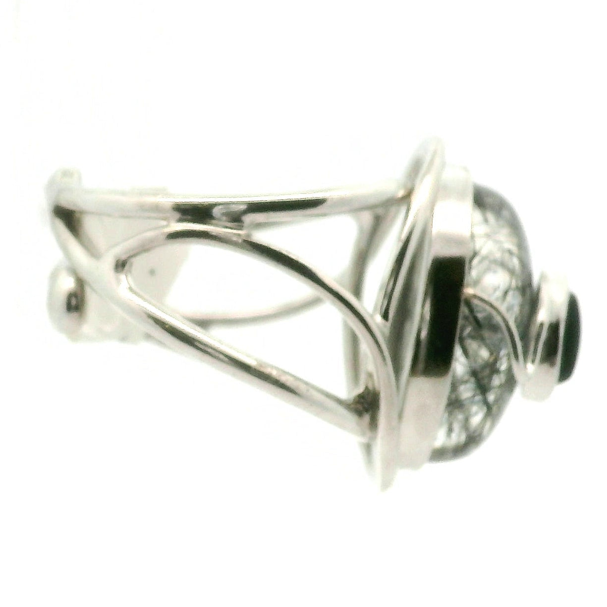 Double Black Tourmaline in Quartz Cuff Ring .925 Sterling Silver for Powerful Protection and Aura Cleansing