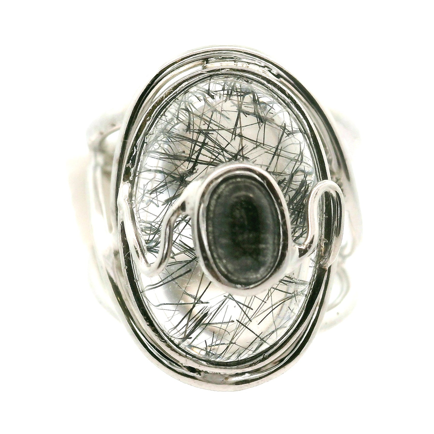 Double Black Tourmaline in Quartz Cuff Ring .925 Sterling Silver for Powerful Protection and Aura Cleansing