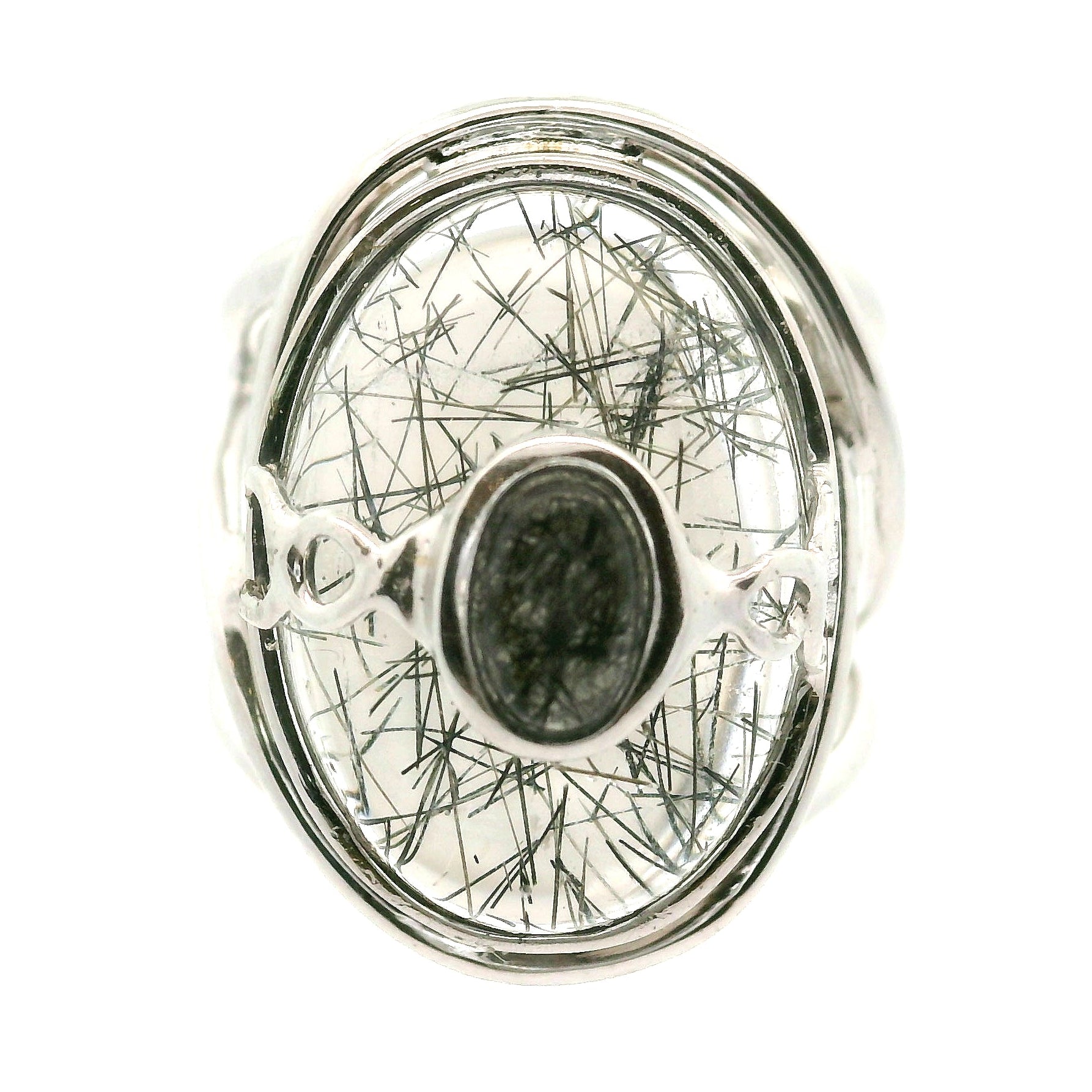 Double Black Tourmaline in Quartz Cuff Ring .925 Sterling Silver for Powerful Protection and Aura Cleansing