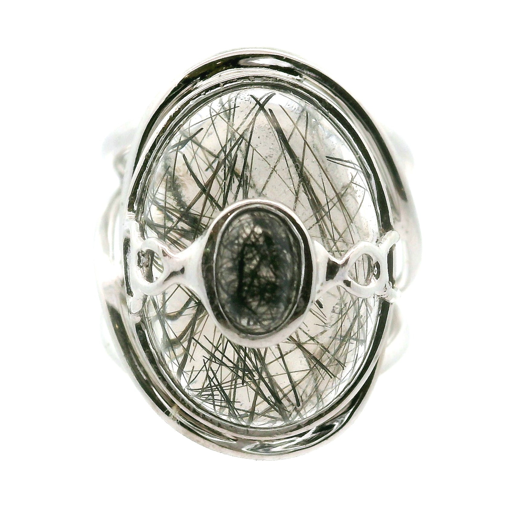 Double Black Tourmaline in Quartz Cuff Ring .925 Sterling Silver for Powerful Protection and Aura Cleansing