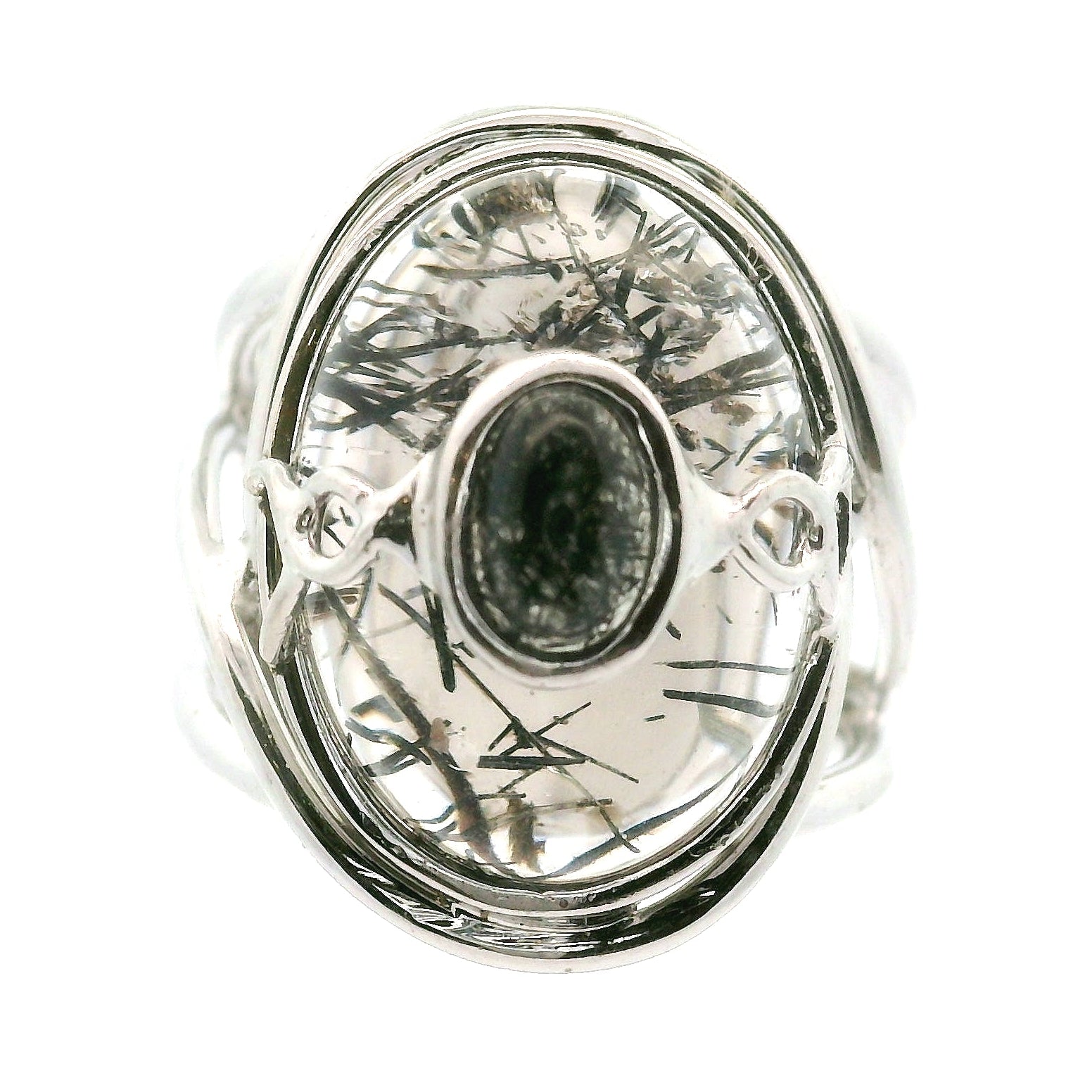 Double Black Tourmaline in Quartz Cuff Ring .925 Sterling Silver for Powerful Protection and Aura Cleansing