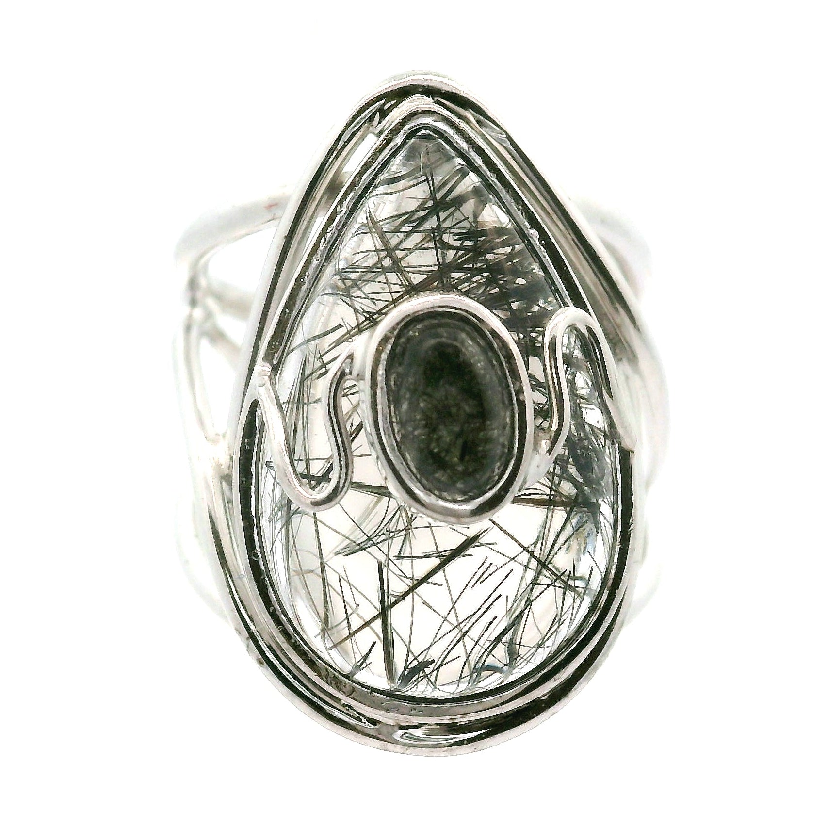 Double Black Tourmaline in Quartz Cuff Ring .925 Sterling Silver for Powerful Protection and Aura Cleansing
