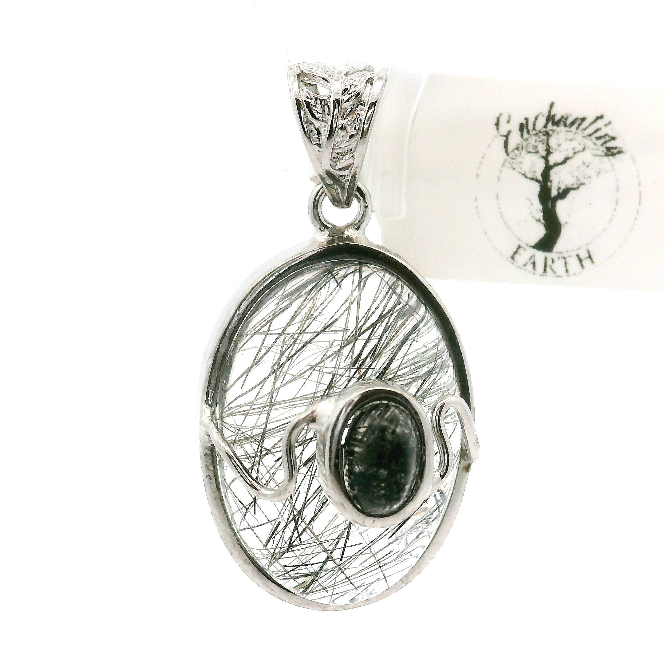 Double Black Tourmaline in Quartz Pendant .925 Sterling Silver for Powerful Protection and Aura Cleansing