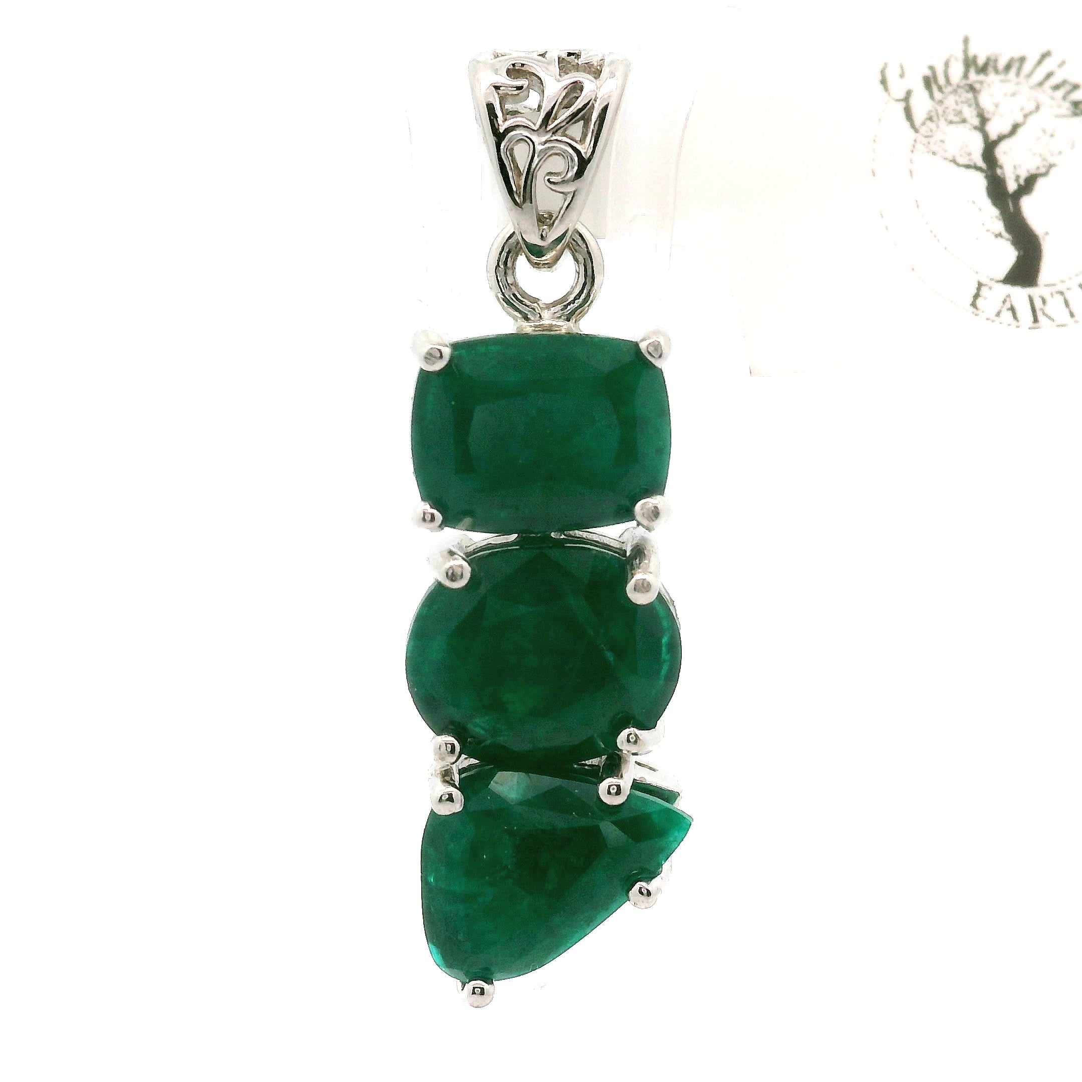 Triple Stone Dioptase Pendant, in .925 Silver Emotional Balance, Healthy Relationships and Love