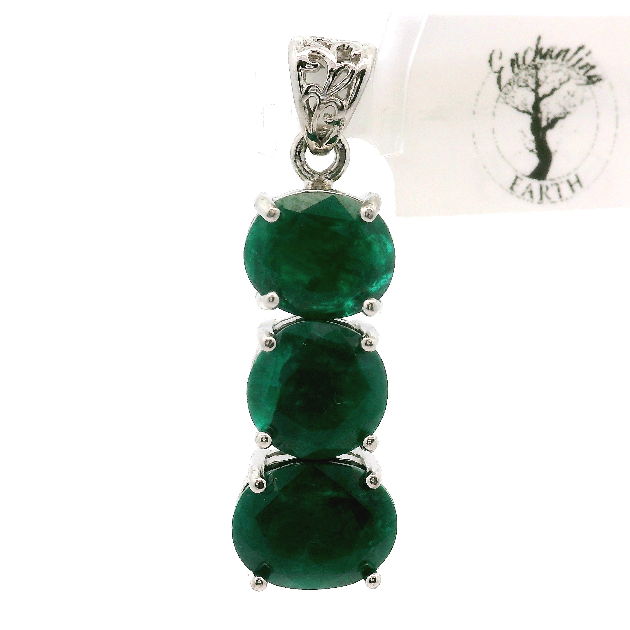 Triple Stone Dioptase Pendant, in .925 Silver Emotional Balance, Healthy Relationships and Love