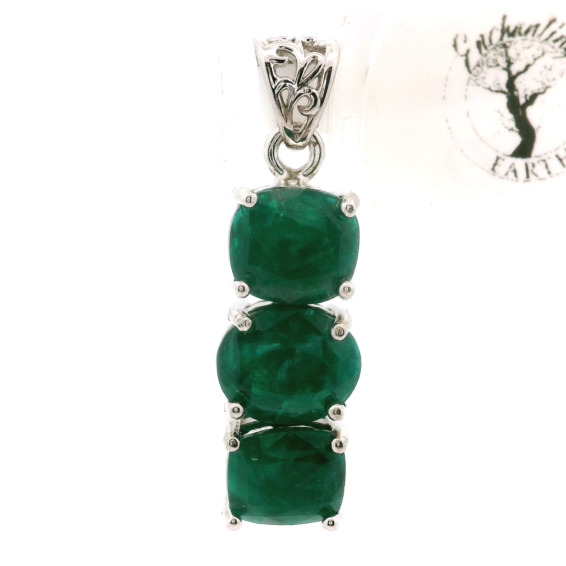 Triple Stone Dioptase Pendant, in .925 Silver Emotional Balance, Healthy Relationships and Love
