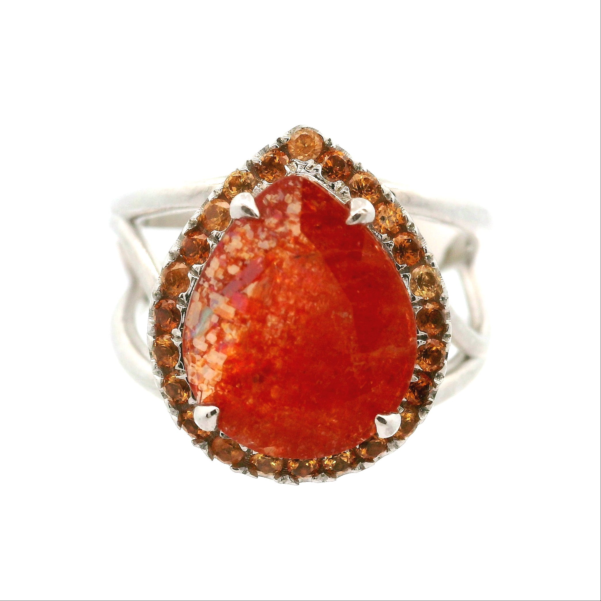 Sunstone and Spessartine Garnet Pavé Cuff Ring .925 Silver for Manifesting Wealth and Abundance