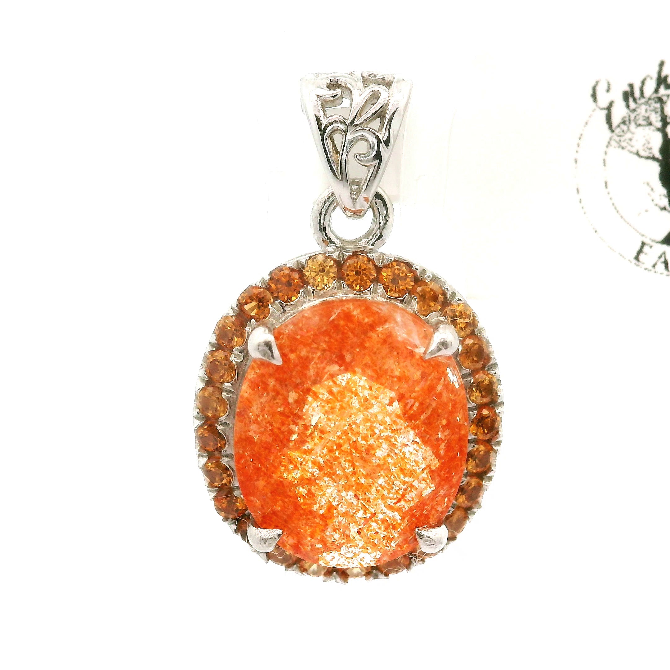 Sunstone and Spessartine Garnet Pavé Pendant .925 Silver for Manifesting Wealth and Abundance
