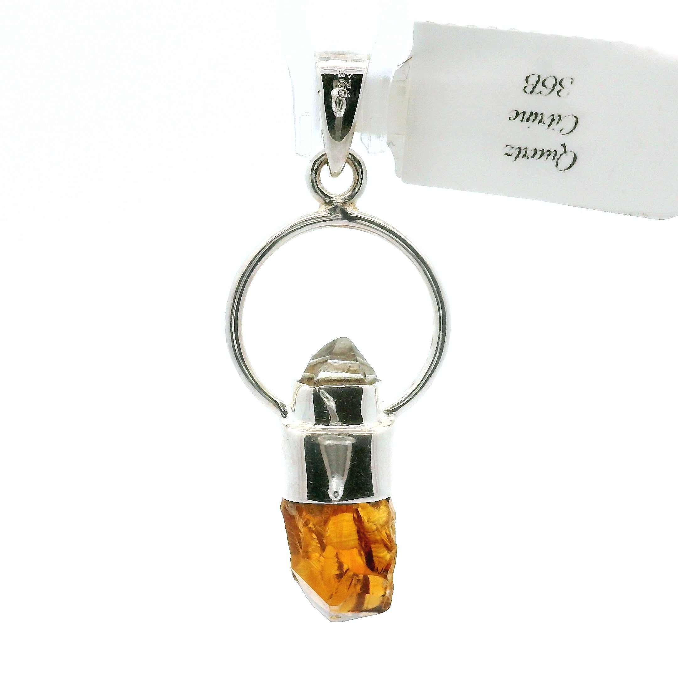 Raw Citrine with Quartz Point Pendant .925 Silver for Abundance, Good Luck and Positivity