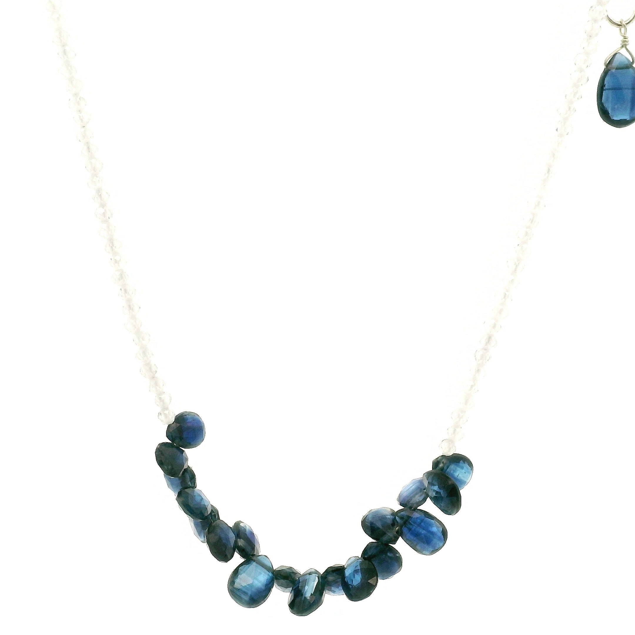 Kyanite Briolette and White Zircon Micro Faceted Necklace 925 Silver for Communication and Energy Healing
