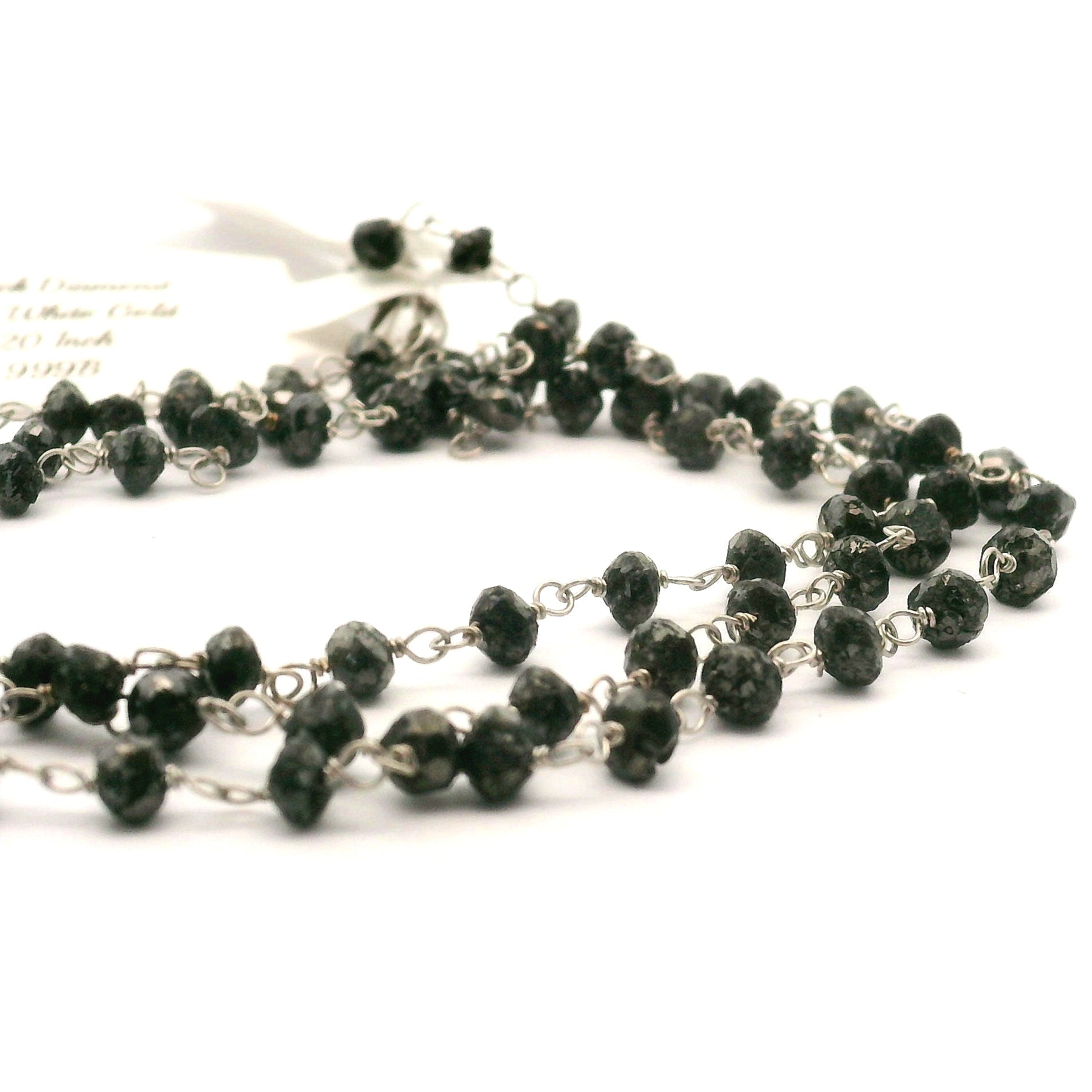 Black Diamond Rosary Beaded Chain Necklace 14K White Gold for Prosperity and Personal Power