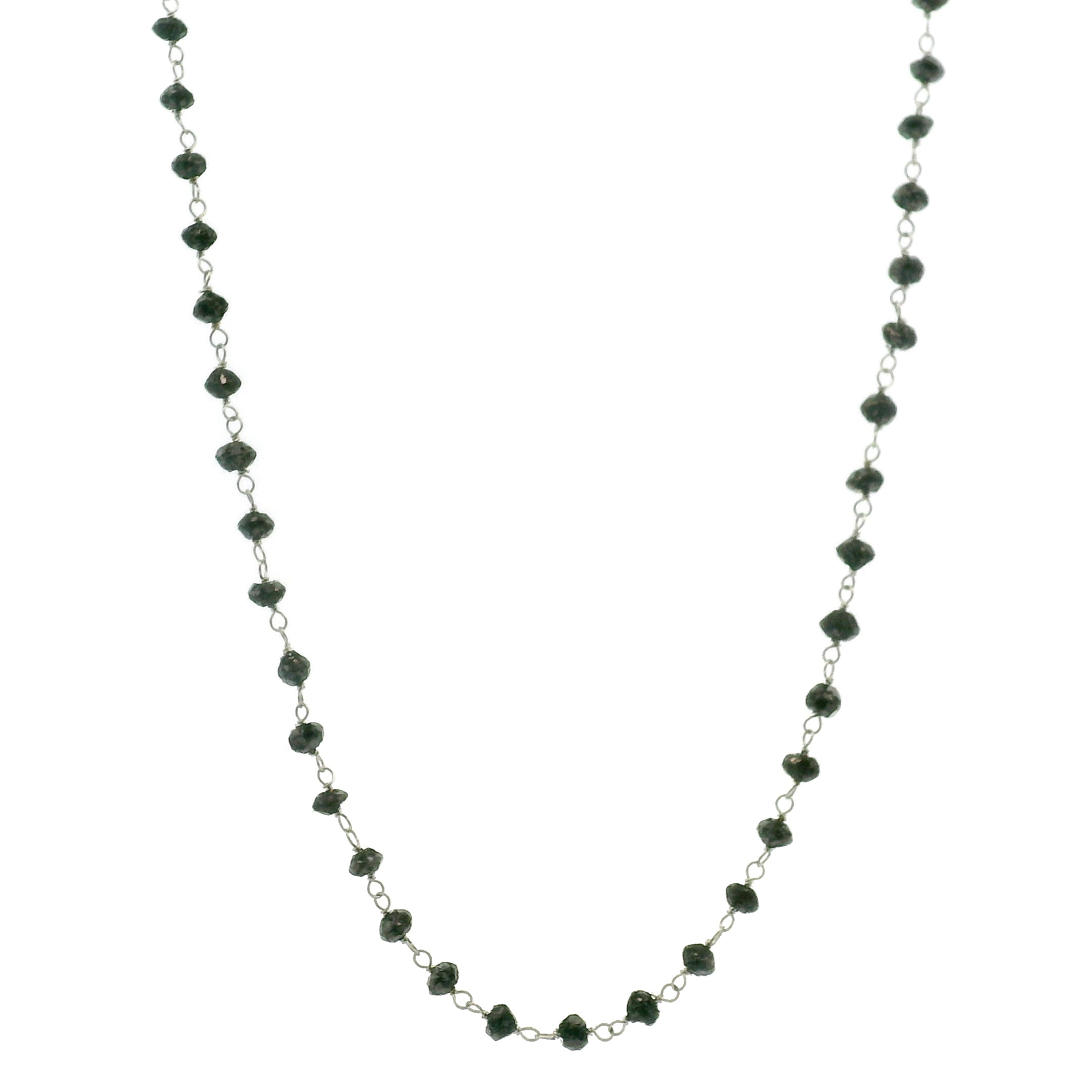 Black Diamond Rosary Beaded Chain Necklace 14K White Gold for Prosperity and Personal Power