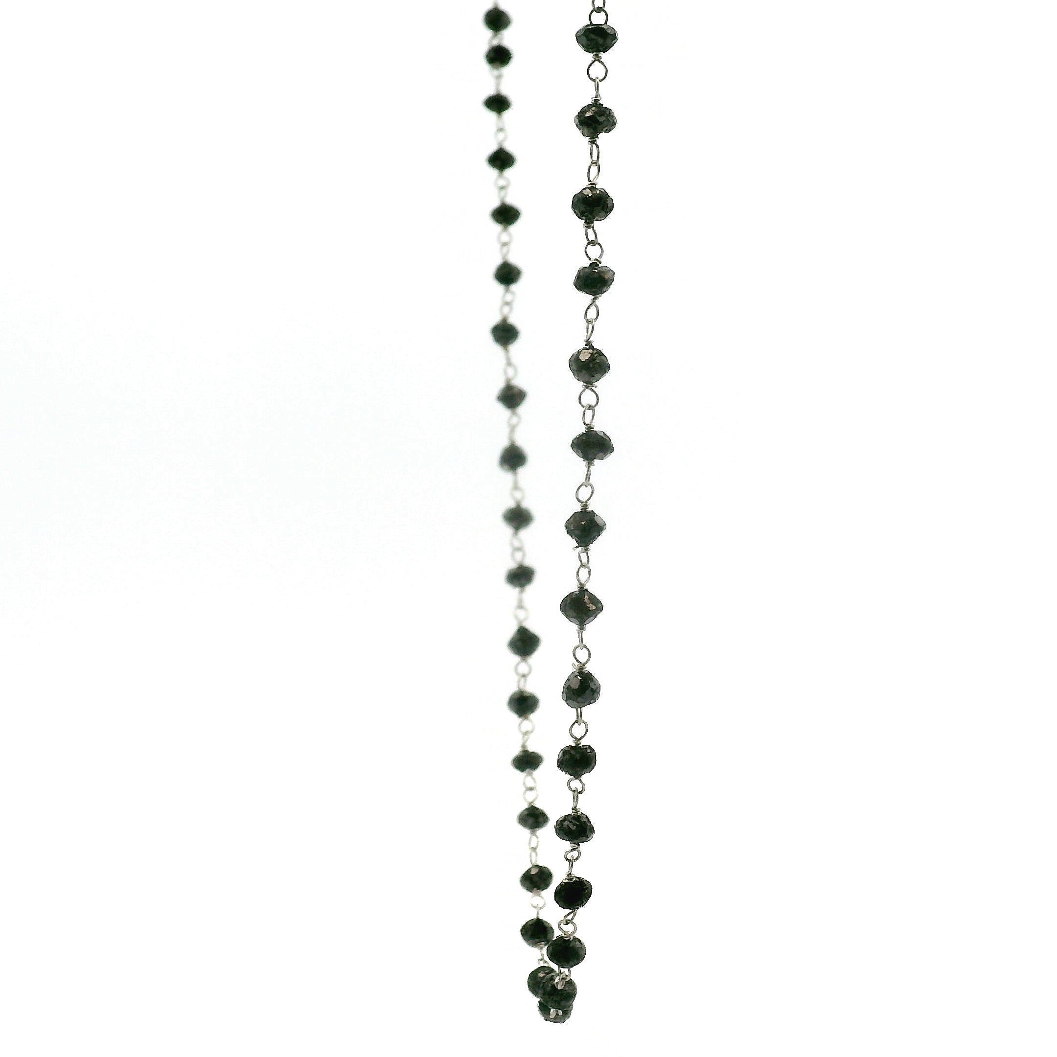 Black Diamond Rosary Beaded Chain Necklace 14K White Gold for Prosperity and Personal Power