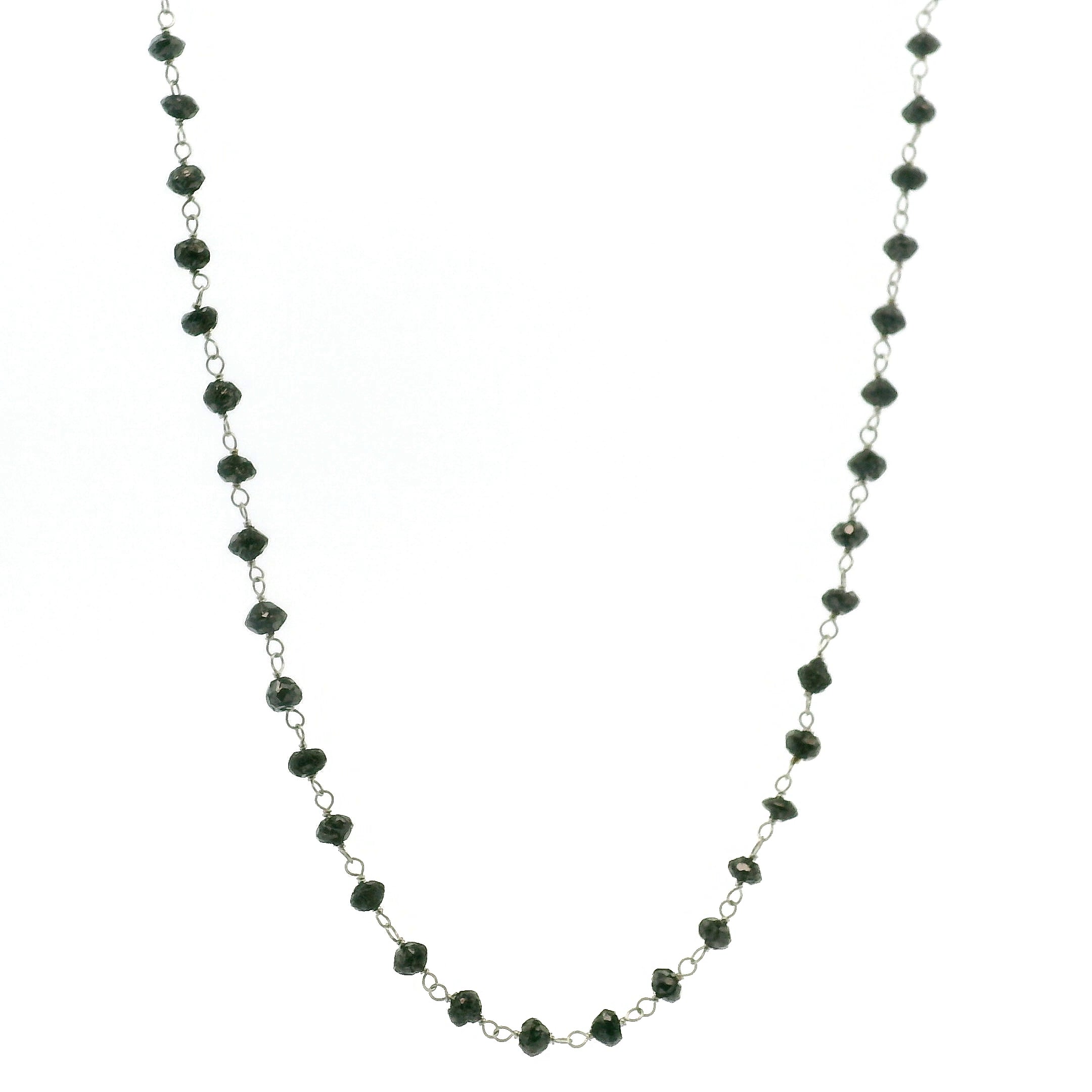 Black Diamond Rosary Beaded Chain Necklace 14K White Gold for Prosperity and Personal Power