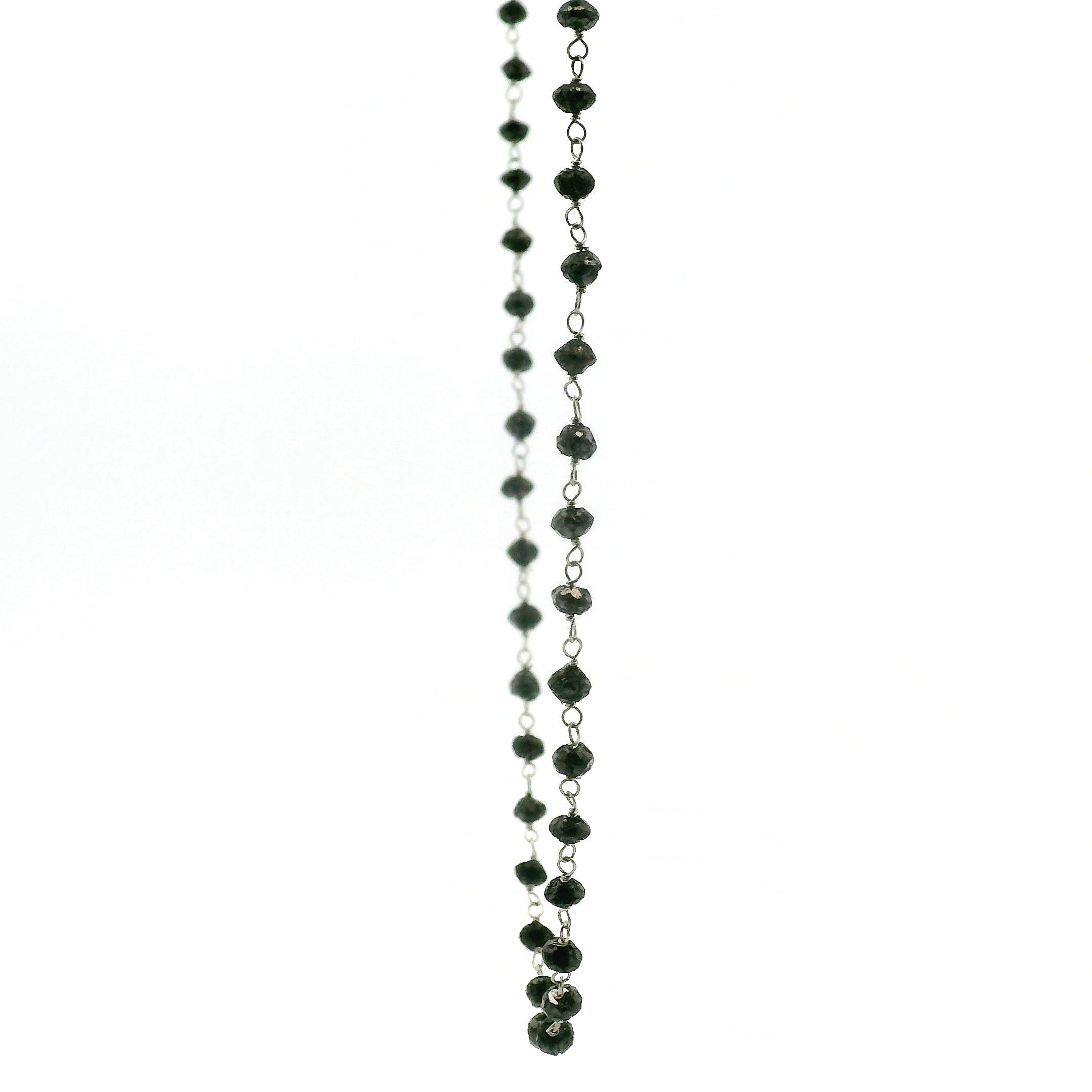 Black Diamond Rosary Beaded Chain Necklace 14K White Gold for Prosperity and Personal Power