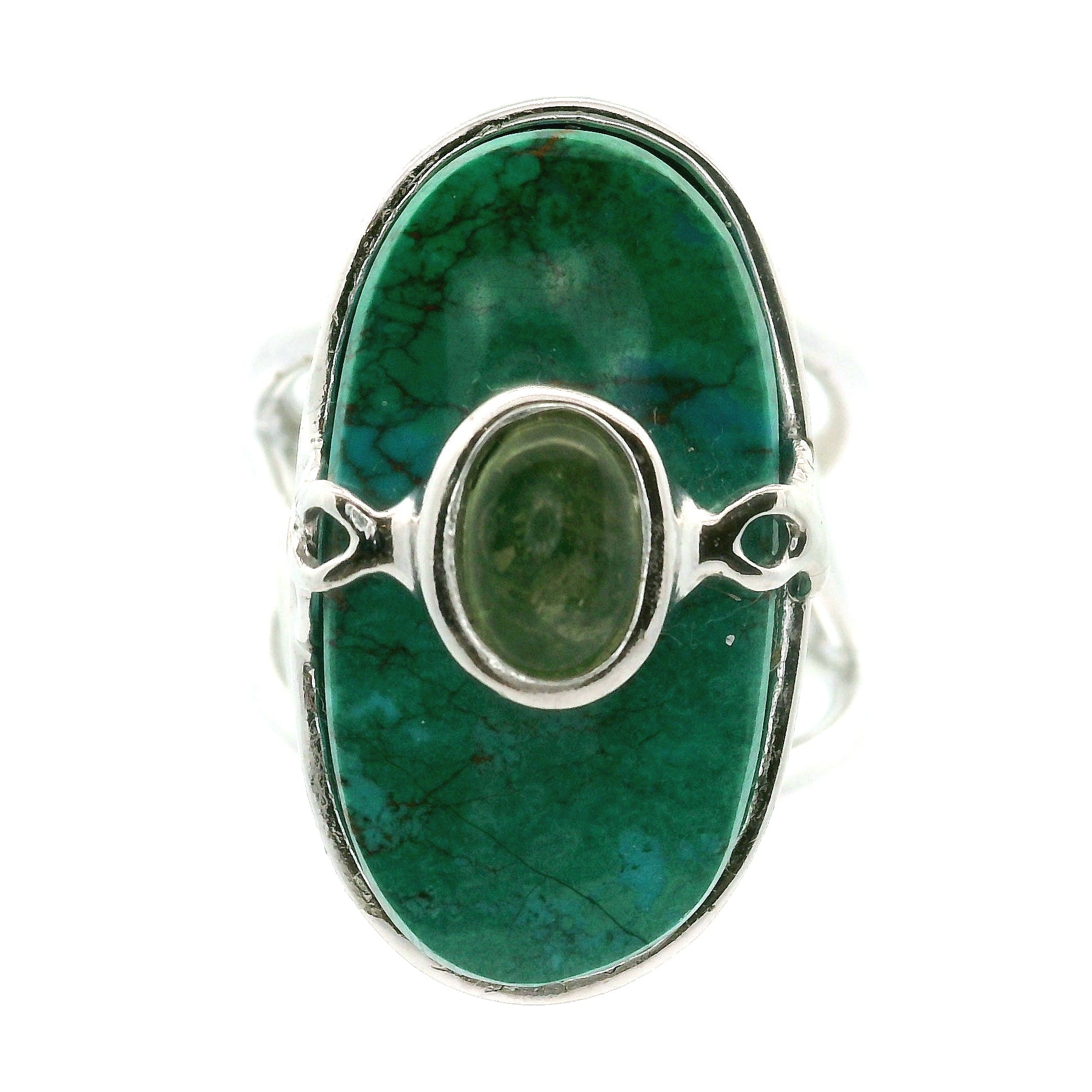 Chrysocolla with Light Green Tourmaline Cuff Ring .925 Silver for Empowerment, Peace and Universal Wisdom, Enhancing Intuition