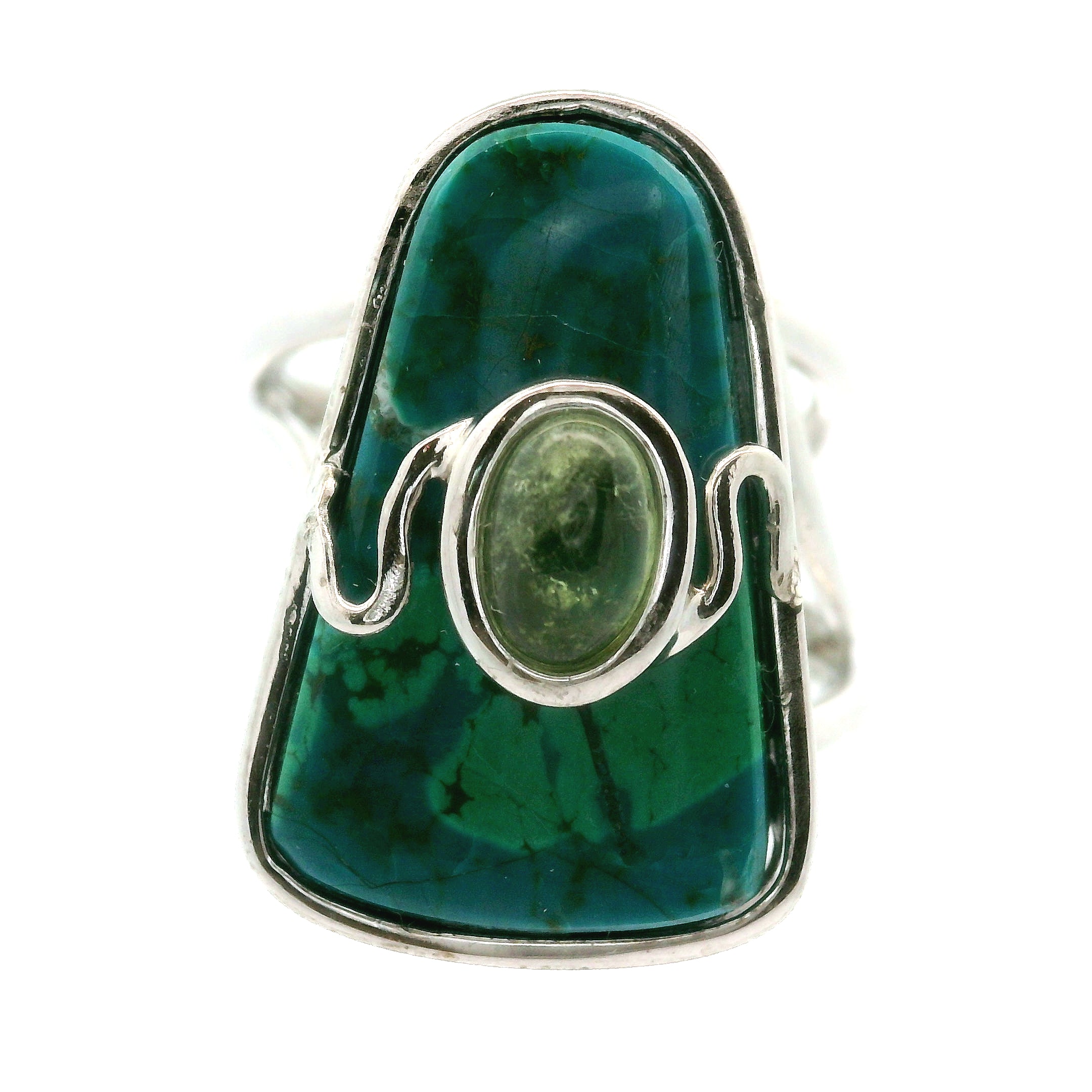 Chrysocolla with Light Green Tourmaline Cuff Ring .925 Silver for Empowerment, Peace and Universal Wisdom, Enhancing Intuition
