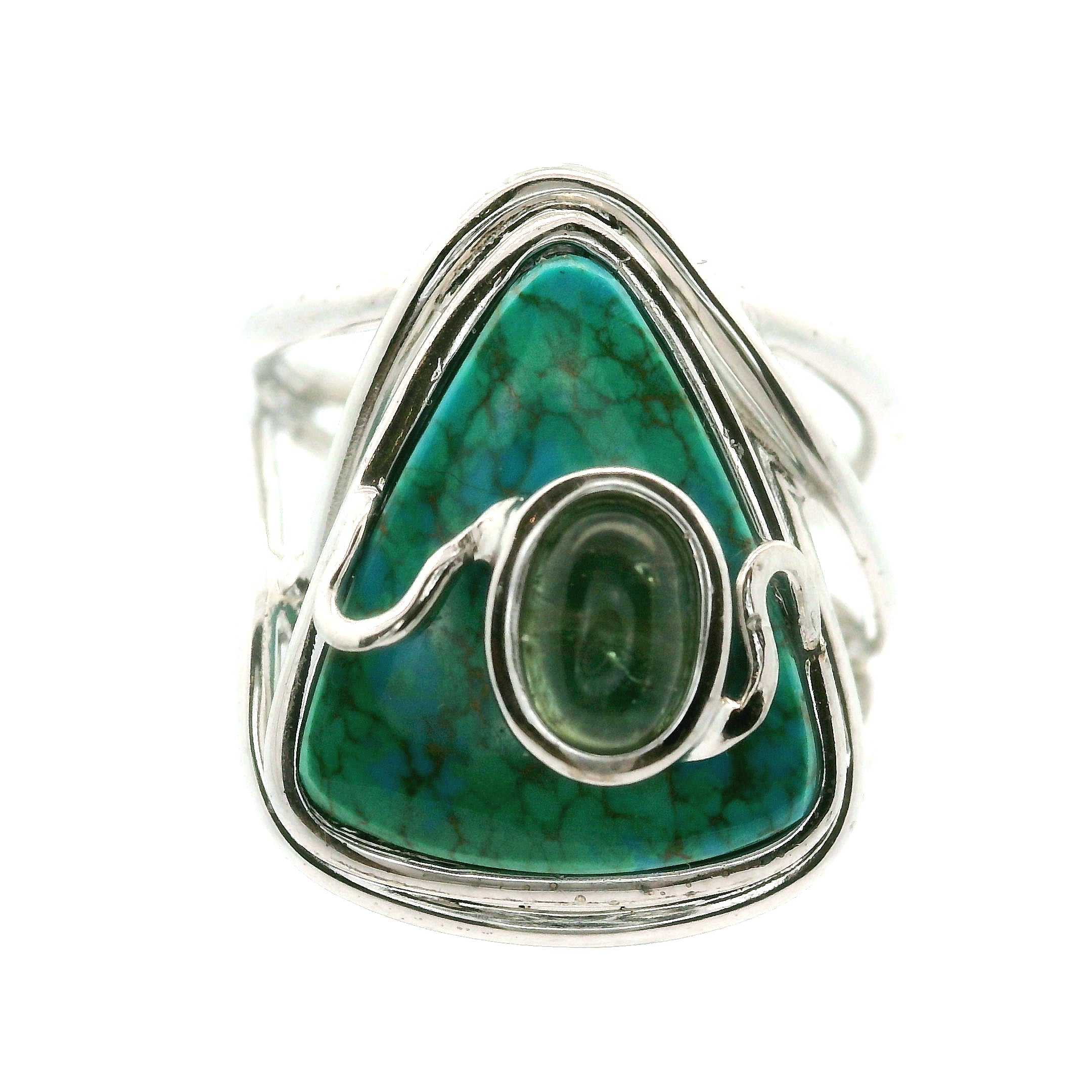 Chrysocolla with Light Green Tourmaline Cuff Ring .925 Silver for Empowerment, Peace and Universal Wisdom, Enhancing Intuition