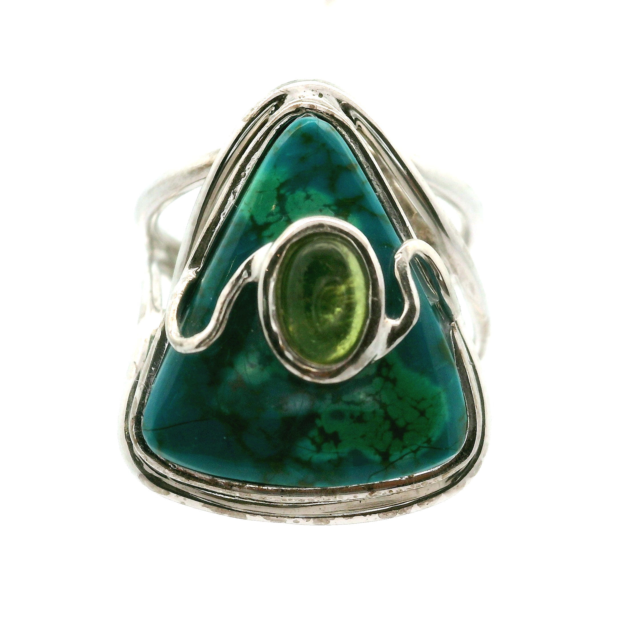 Chrysocolla with Light Green Tourmaline Cuff Ring .925 Silver for Empowerment, Peace and Universal Wisdom, Enhancing Intuition