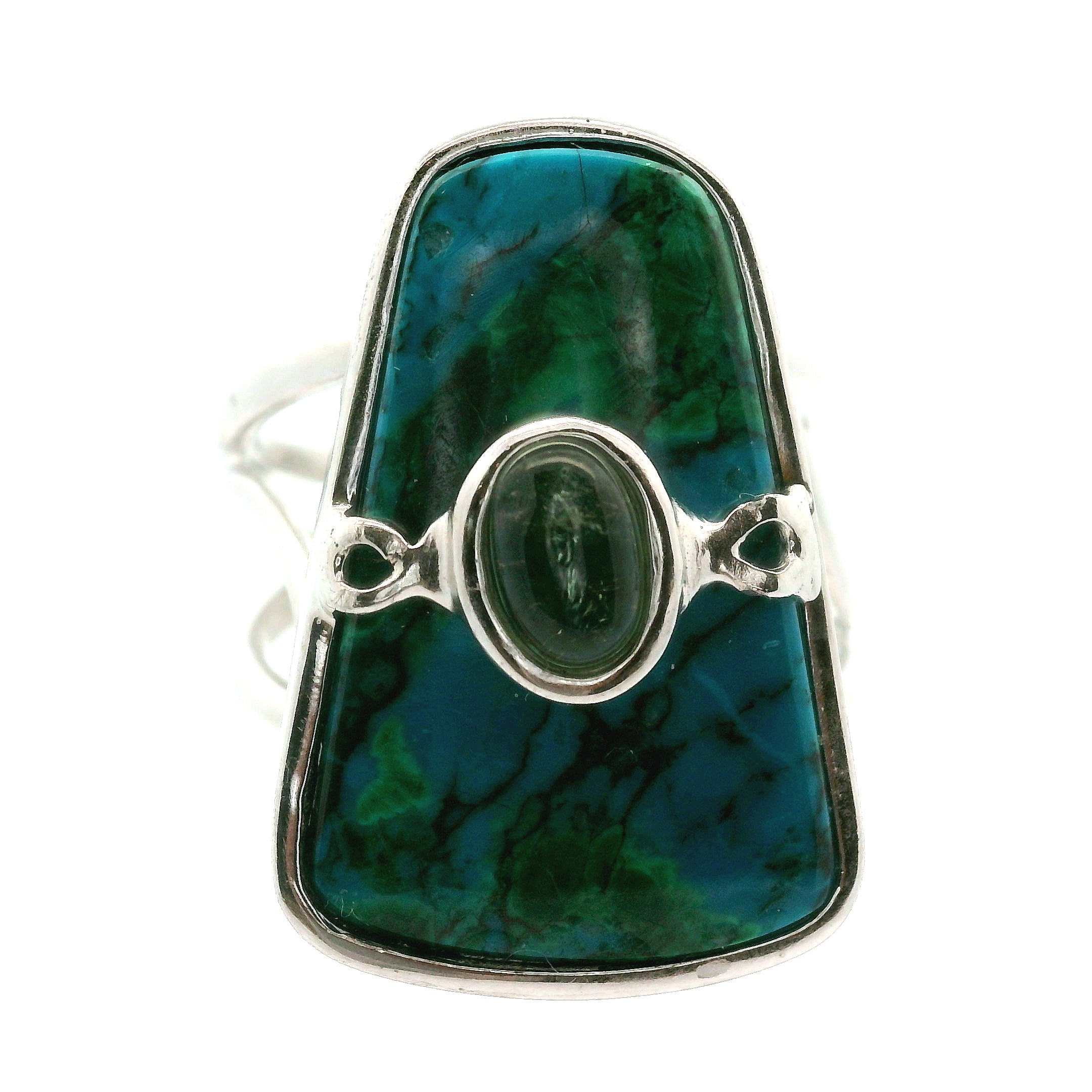 Chrysocolla with Light Green Tourmaline Cuff Ring .925 Silver for Empowerment, Peace and Universal Wisdom, Enhancing Intuition