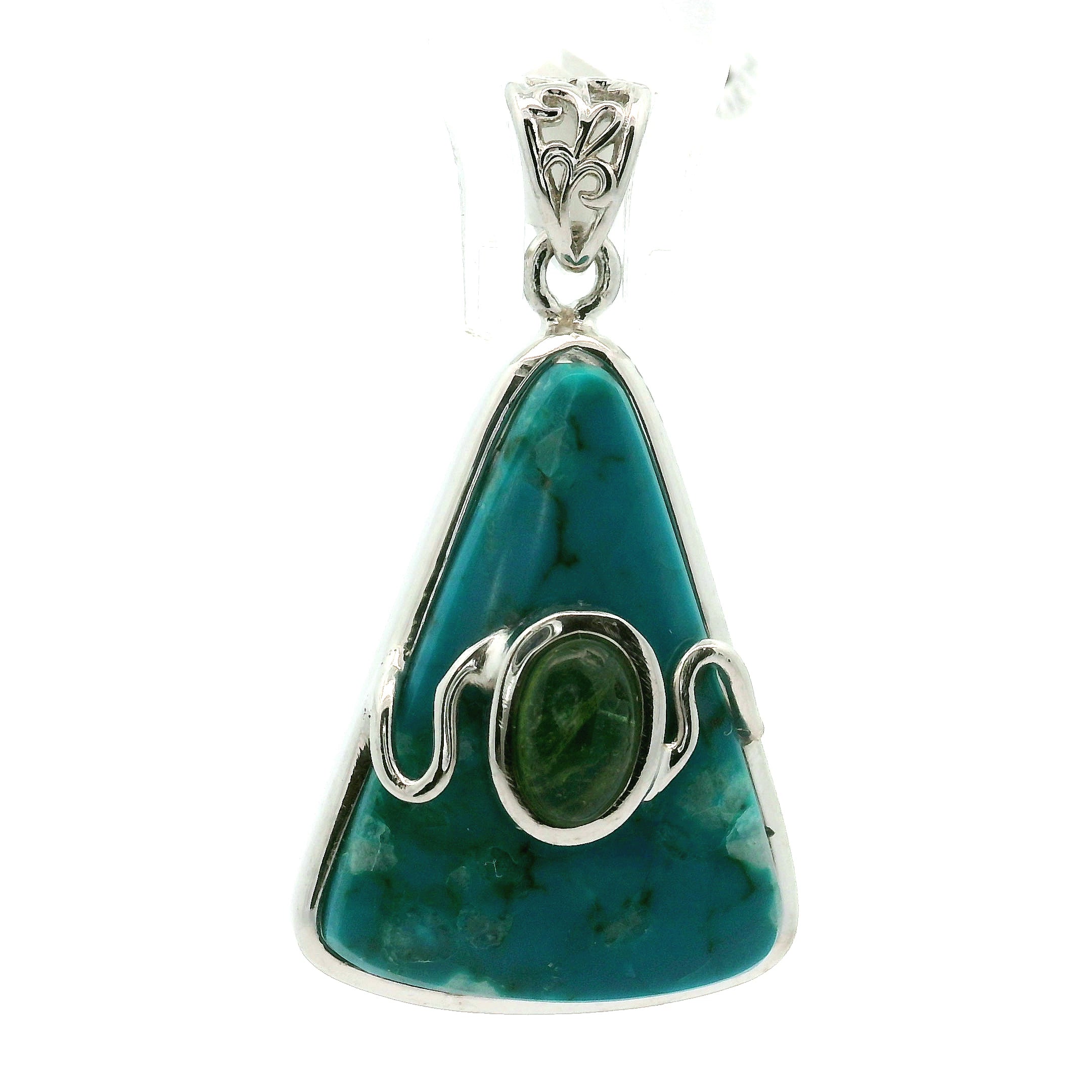 Chrysocolla with Light Green Tourmaline Pendant .925 Silver for Empowerment, Peace and Universal Wisdom, Enhancing Intuition