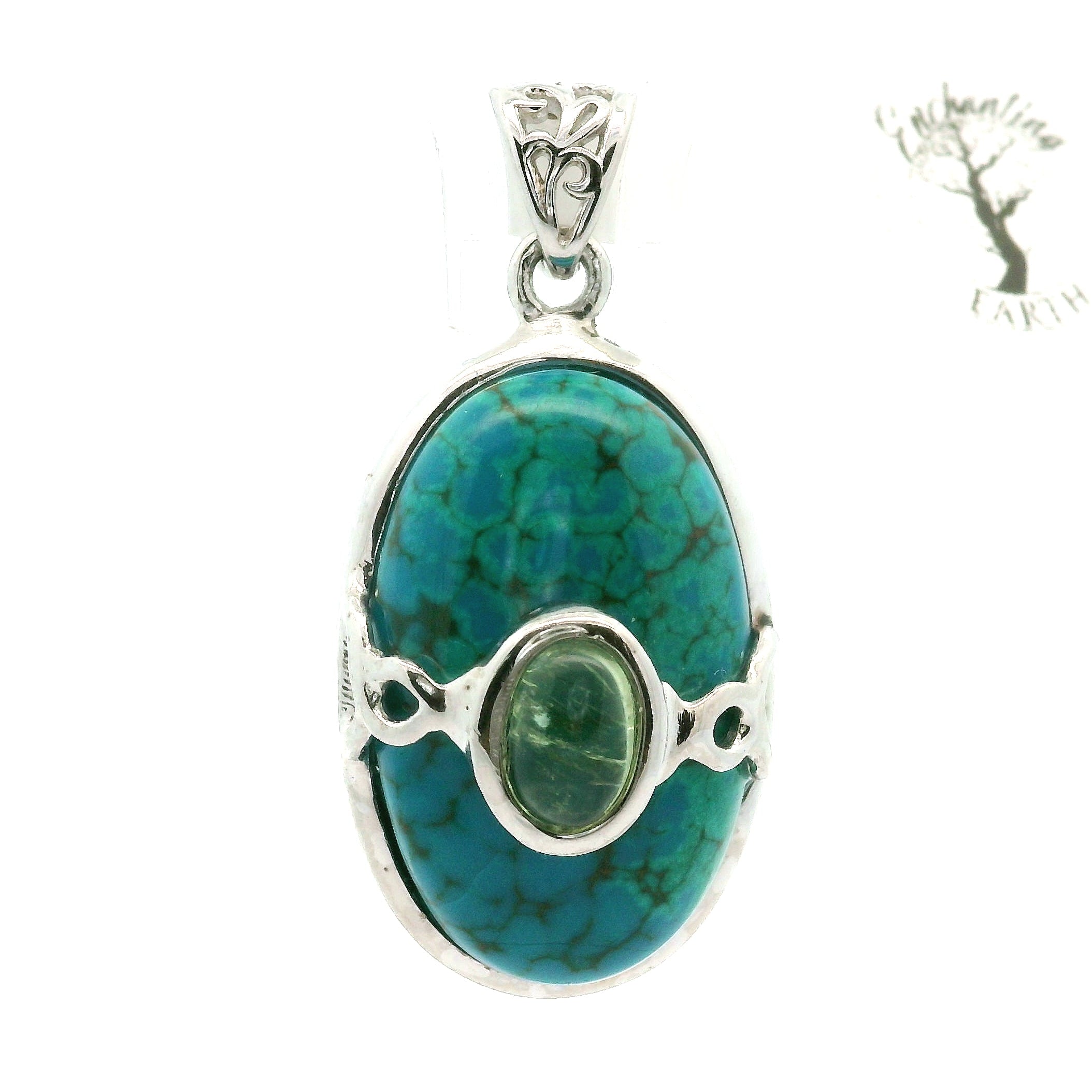 Chrysocolla with Light Green Tourmaline Pendant .925 Silver for Empowerment, Peace and Universal Wisdom, Enhancing Intuition