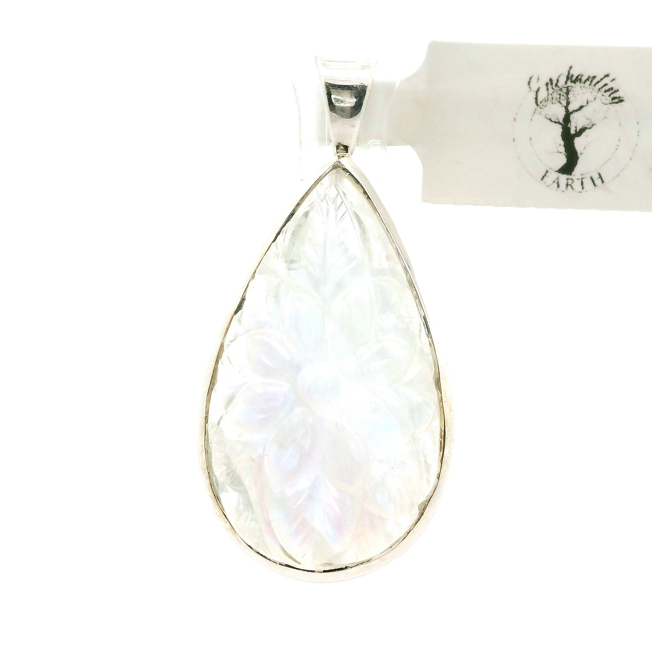 Rainbow Moonstone Carved Flower Drop Pendant .925 Silver for Intuition and Energetic Purification