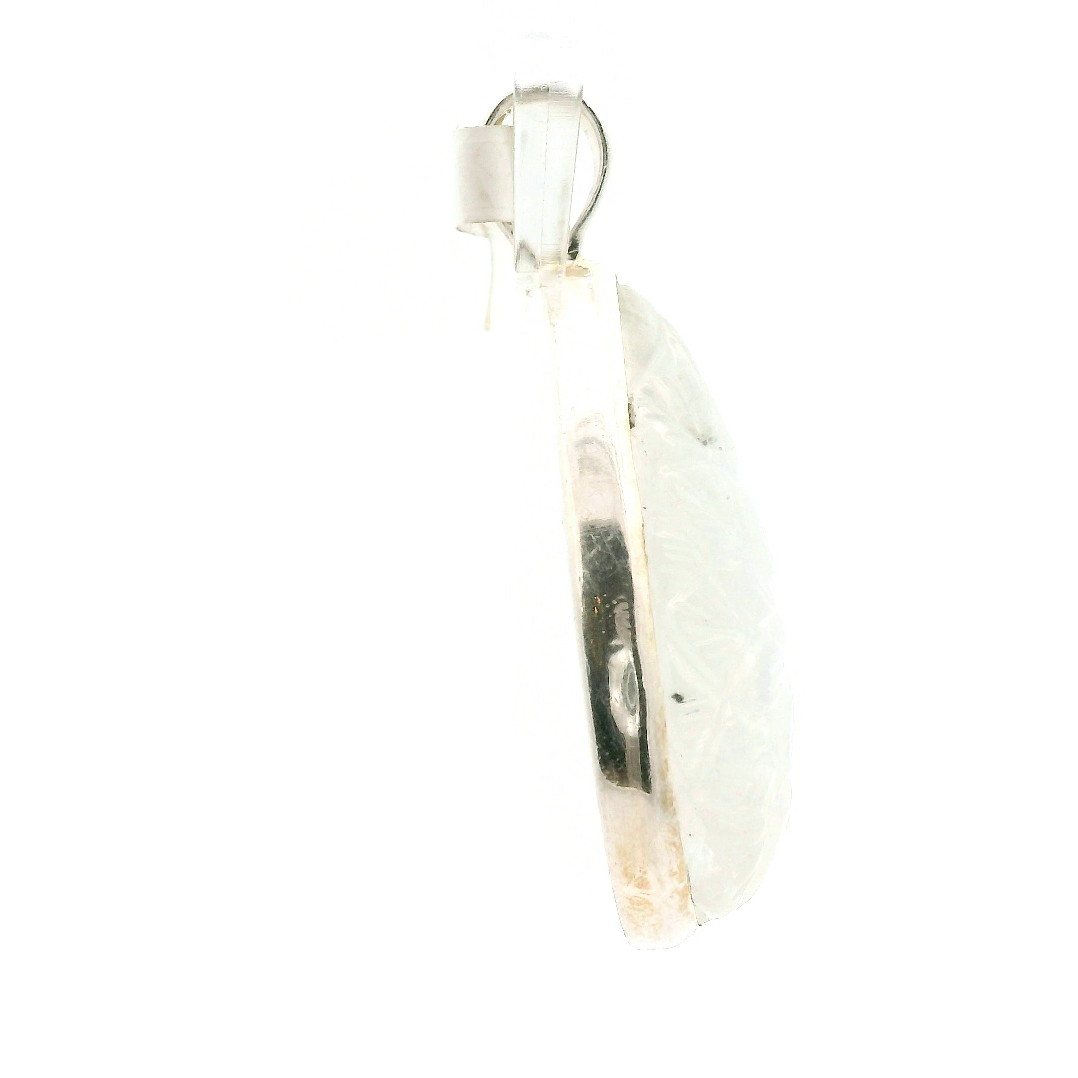 Rainbow Moonstone Carved Flower Drop Pendant .925 Silver for Intuition and Energetic Purification