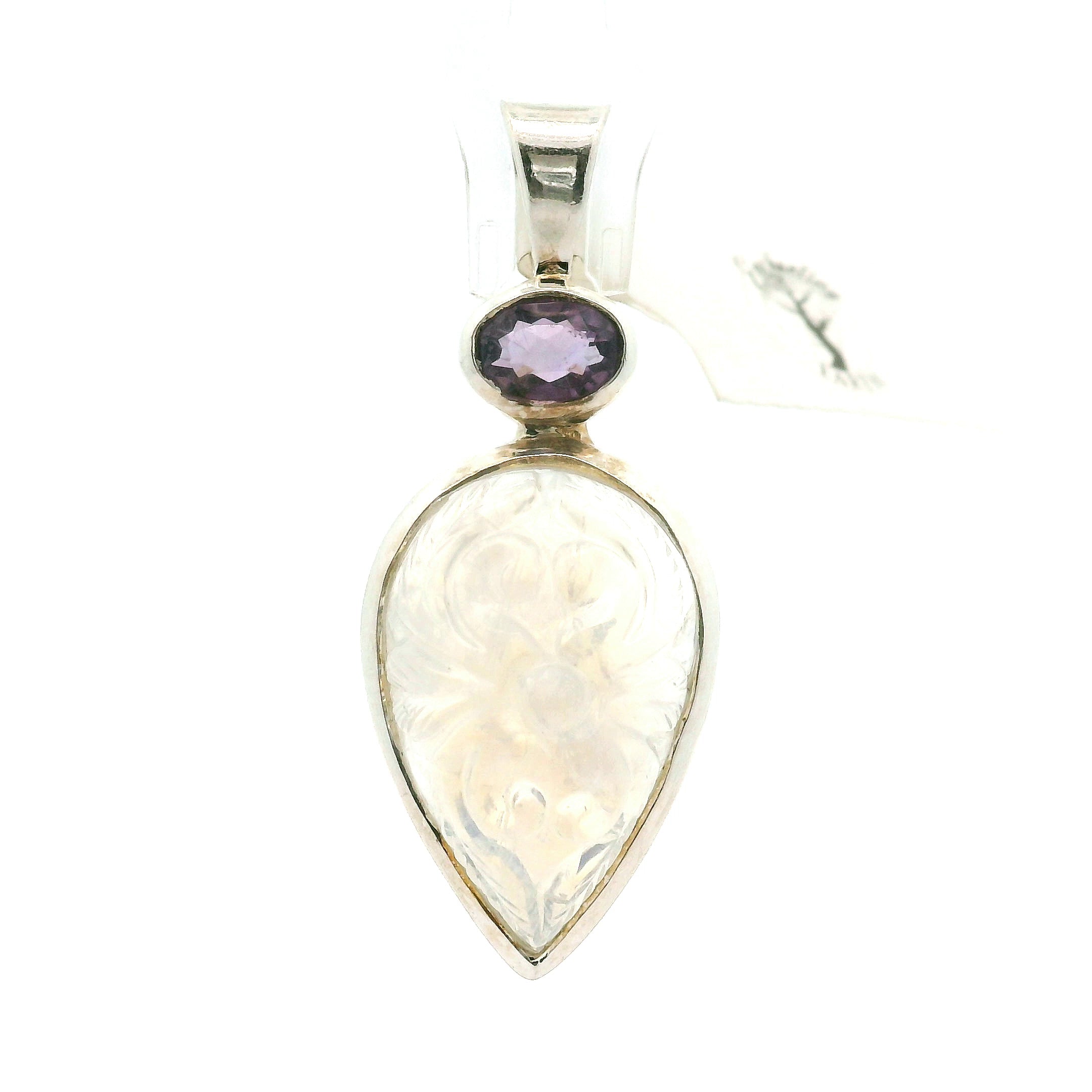 Rainbow Moonstone Carved Flower Drop Pendant .925 Silver for Intuition and Energetic Purification