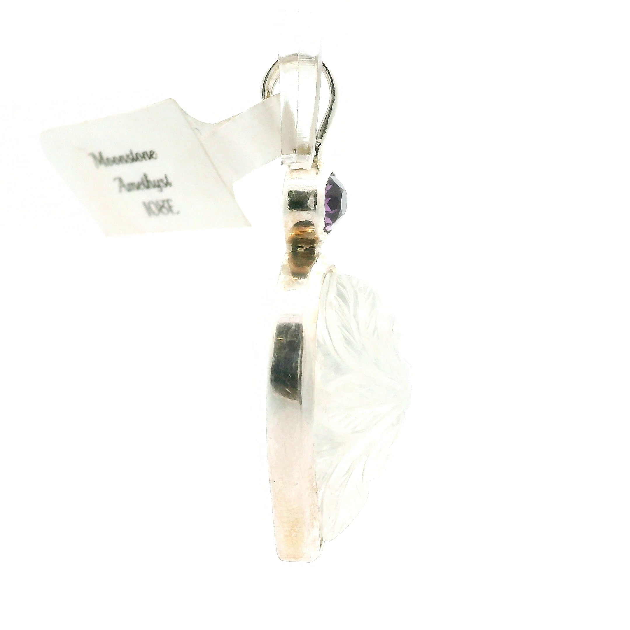 Rainbow Moonstone Carved Flower Drop Pendant .925 Silver for Intuition and Energetic Purification