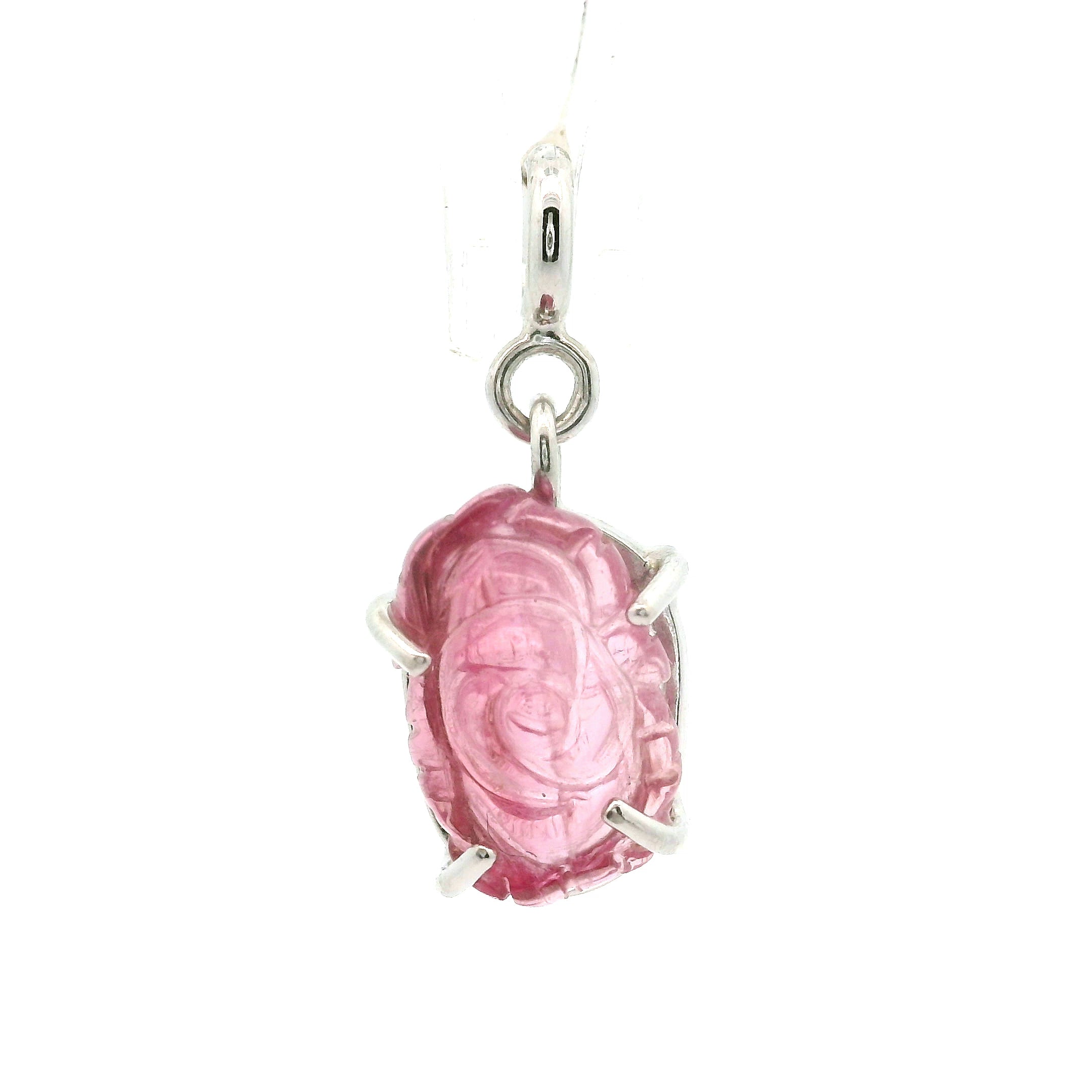 Pink Tourmaline Carved Lotus Charm Pendant .925 Silver for Removing Insecurities and Helping Inspire Creativity