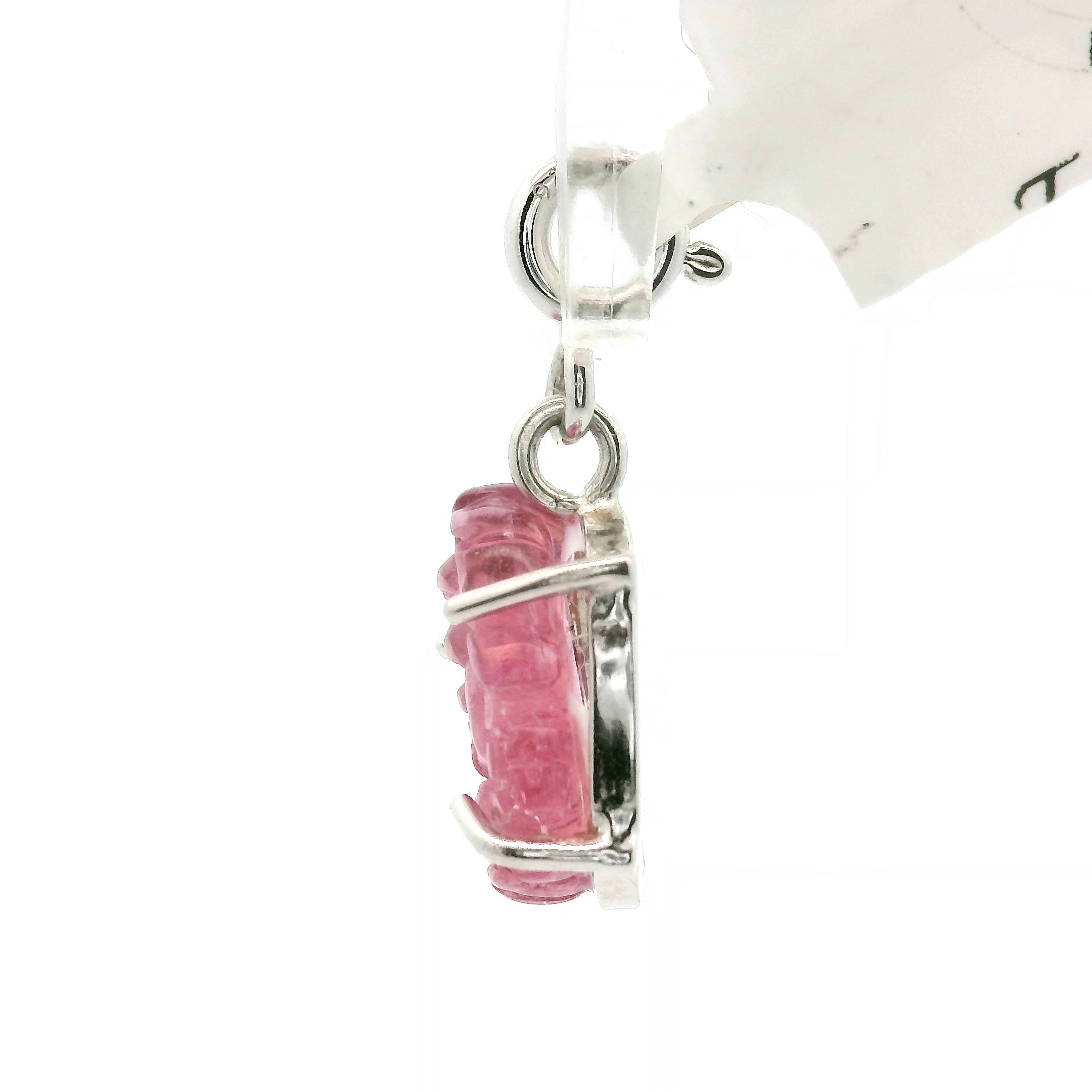 Pink Tourmaline Carved Lotus Charm Pendant .925 Silver for Removing Insecurities and Helping Inspire Creativity