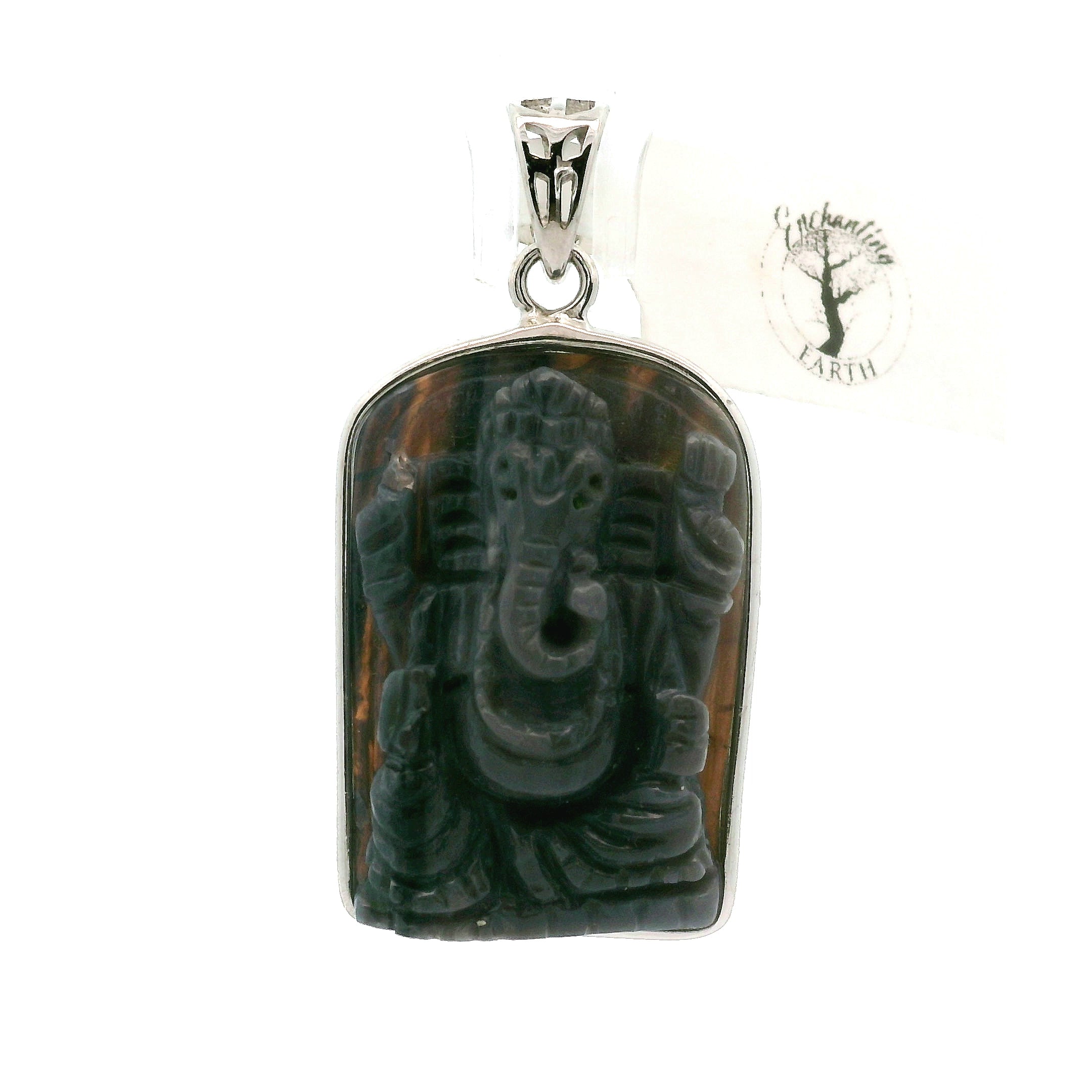 Black Opal Carved Ganesha Pendant .925 Silver for Good Luck, Protection and Joy