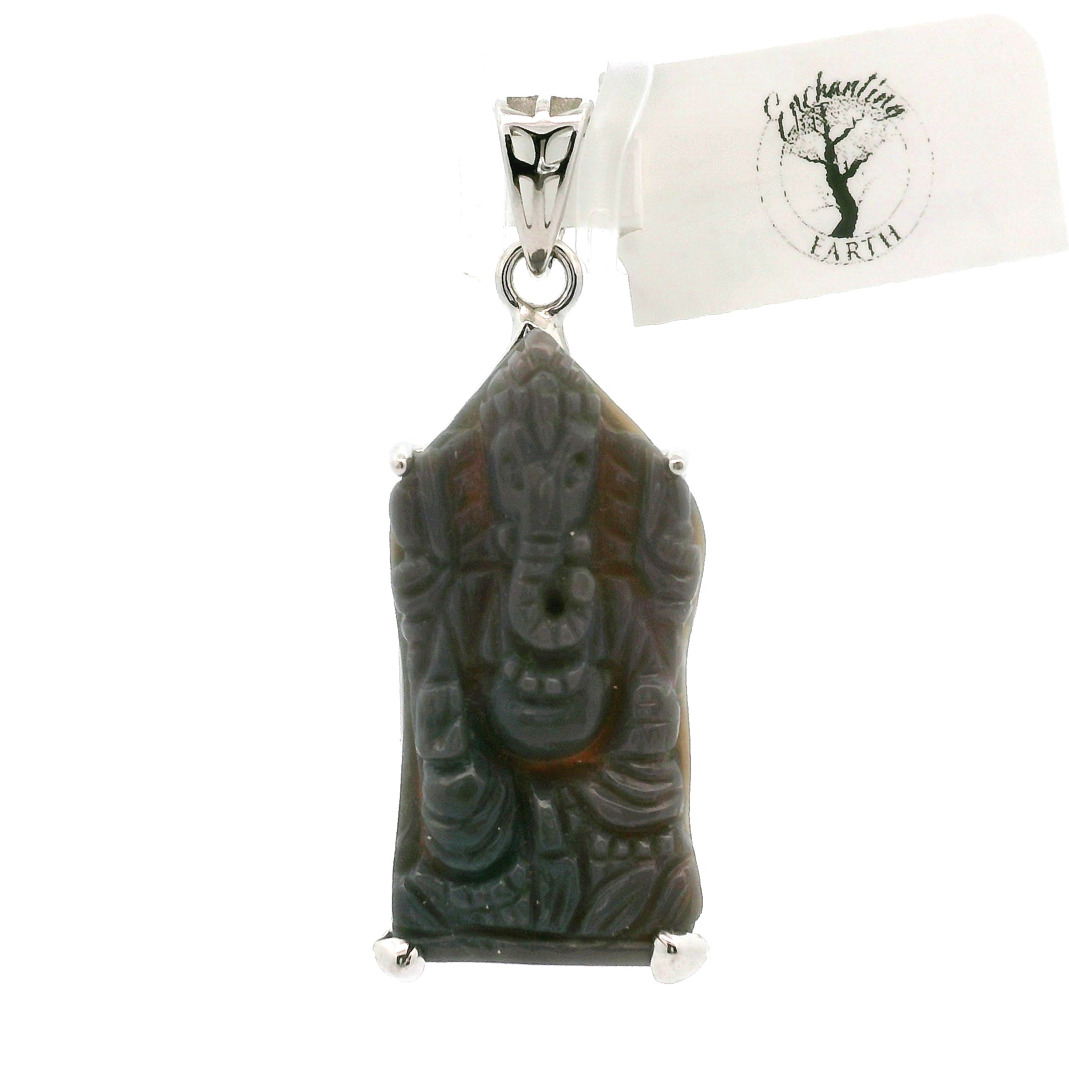 Black Opal Carved Ganesha Pendant .925 Silver for Good Luck, Protection and Joy